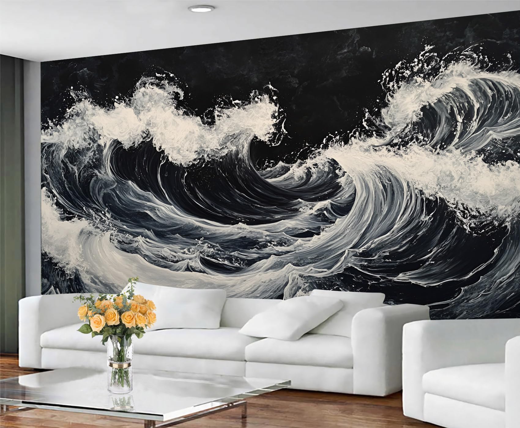 GIVLWF Waves Wallpaper & Wall Mural, Japanese Bedroom Wallpaper, Vintage Black Wall Paper for Living Room, Mural & Home Decor - Non Self Adhesive — image 1