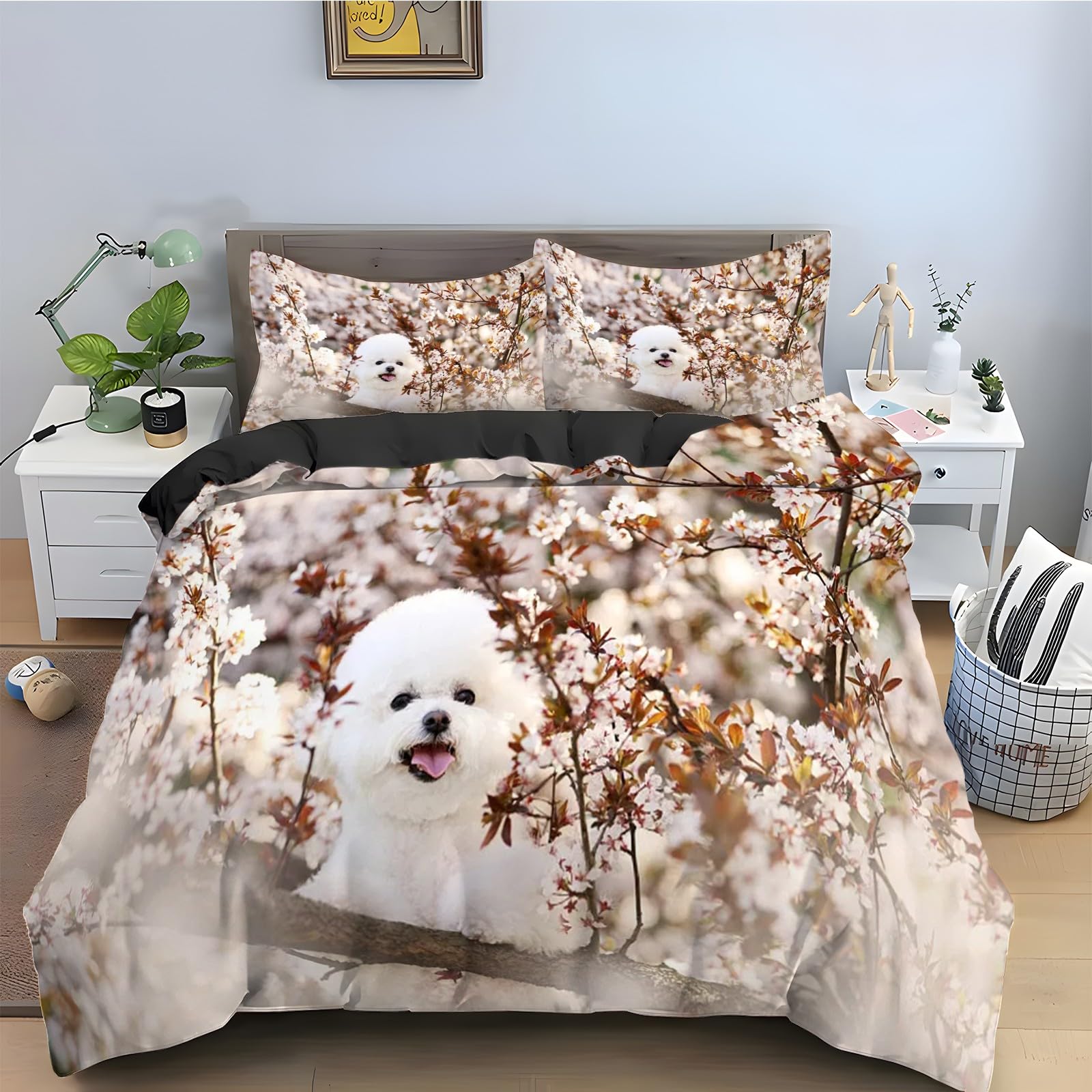 Parure de lit blanc 240x260 frise de caniche pour chambre parentale cocooning