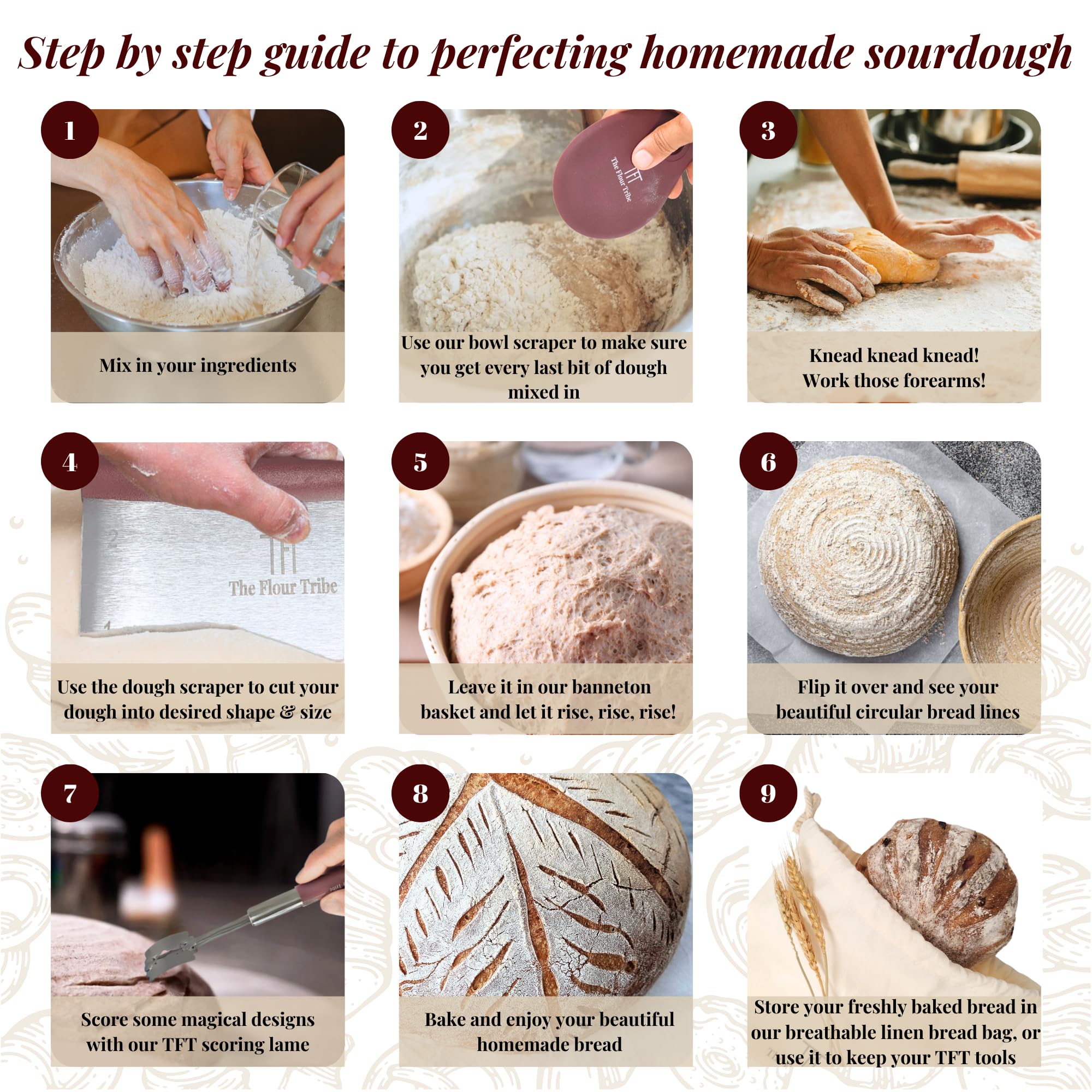 TFT Banneton - Cesta redonda de prueba de pan de 9 pulgadas, suministros para hornear pan de masa madre, kit de inicio de masa madre, cesta de prueba para hornear pan, suministros de herramientas para