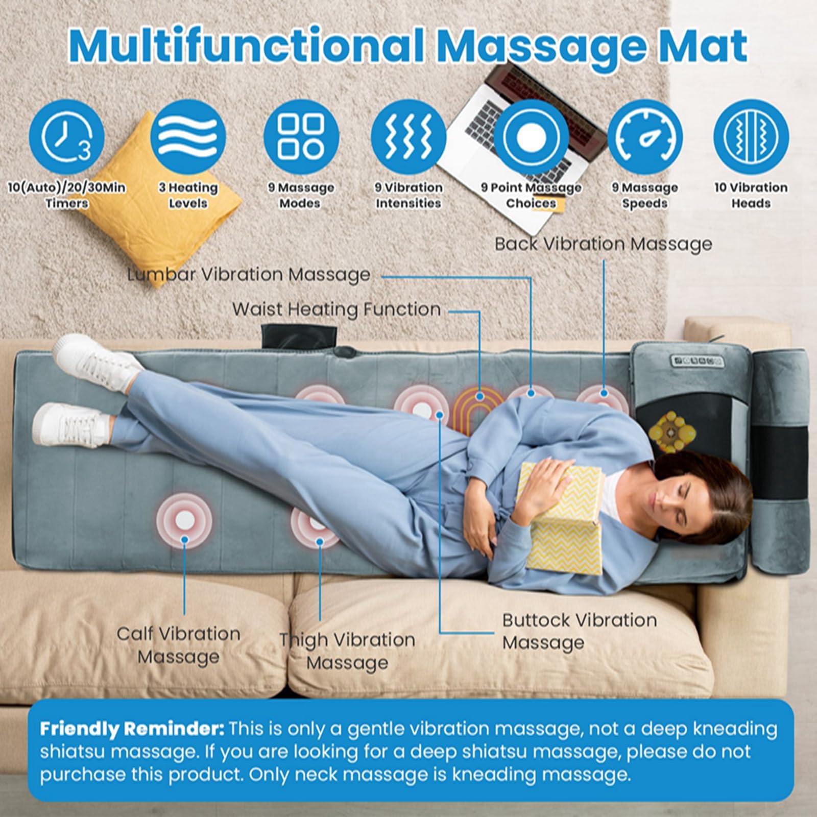 KOCASO Ganzkörper-Massagematte mit Wärme, elektrisch beheiztes Massagekissen mit Vibration für Rücken/Nacken/Fuß, abnehmbares Kopfkissen, Timer-Funktion