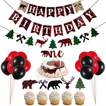 Amazon ランバージャック誕生日パーティーデコレーション 54ピース バッファローチェック柄ハッピーバースデーバナー ランバージャックがテーマのガーランド ケーキトッパー 赤と黒のバルーン クリスマス 初めての誕生日パーティーに パーティーグッズ おもちゃ
