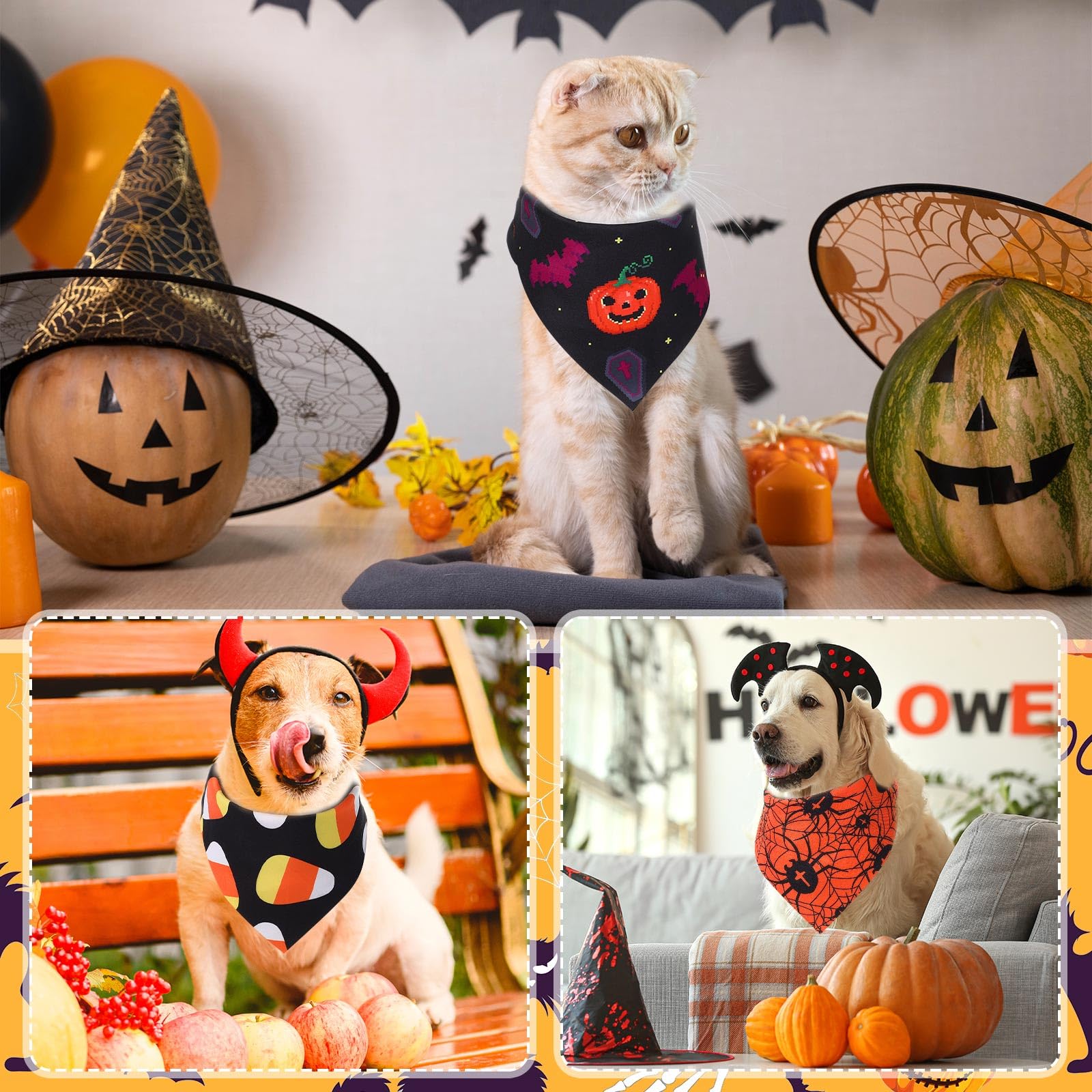 Hundehalstuch Für Halloween – Mit Kürbis & Geister-Muster | Für Kleine & Mittelgroße Hunde, Größe M, Schwarz