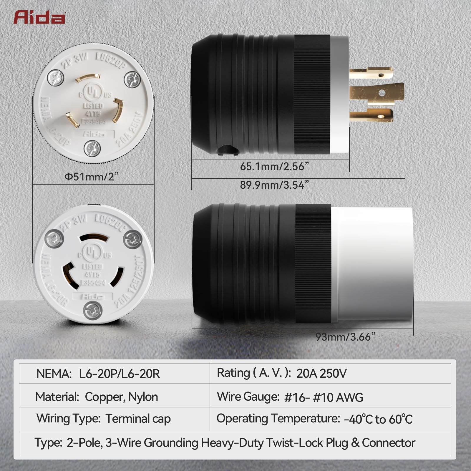 AIDA NEMA L6-20P & NEMA L6-20R Locking Plug and Connector, Twist