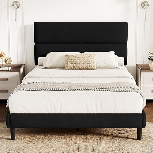Miniatura 13 de Base de cama de plataforma tamaño Queen con cabecera de terciopelo, soporte de listones de madera de altura ajustable, base de colchón tapizada, se