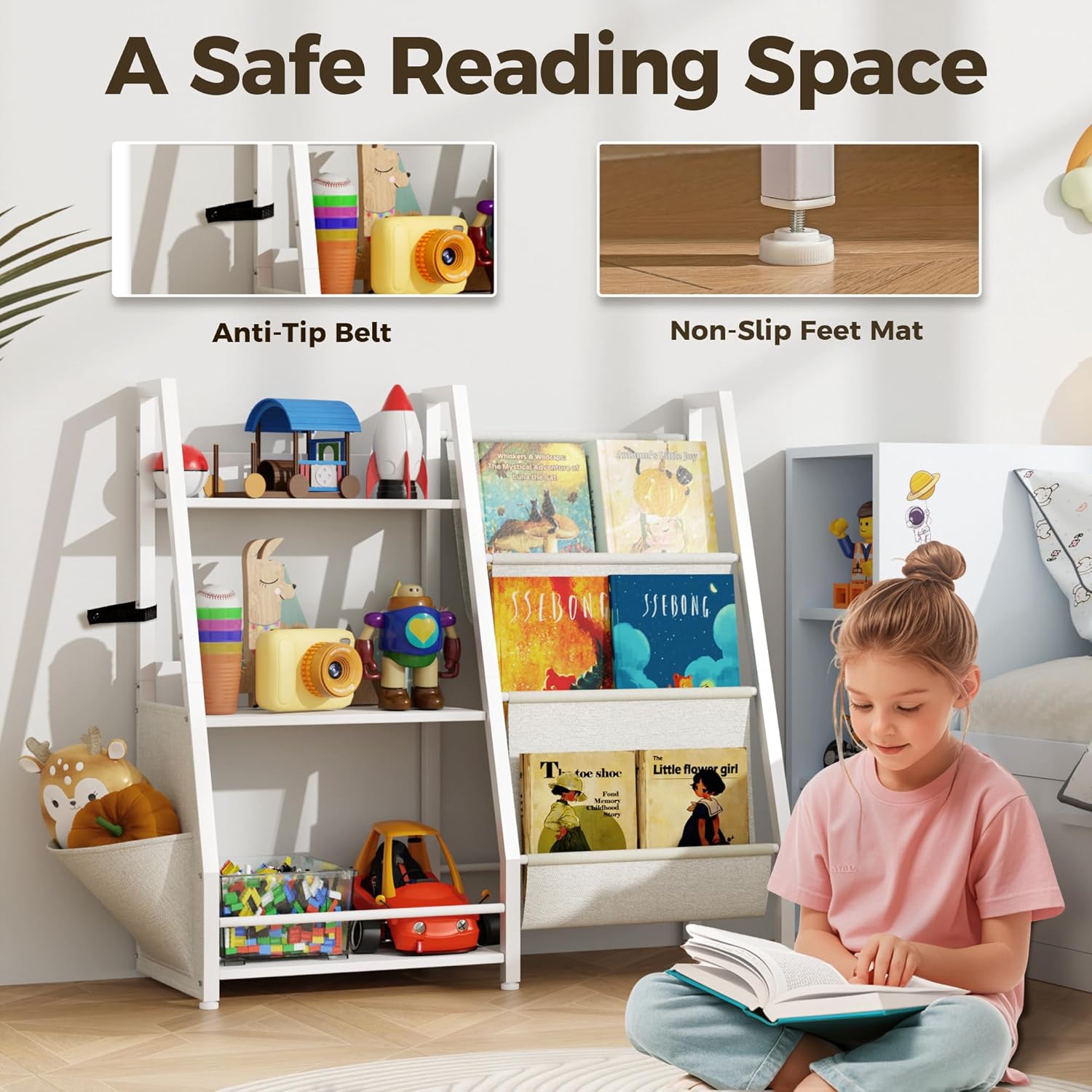 3 Tier Kids Bookshelf, Toddler Bookshelf with Extra Pocket and Toy Storage Organizer for Kids' Rooms, Bedrooms, Playrooms and Nurseries, White