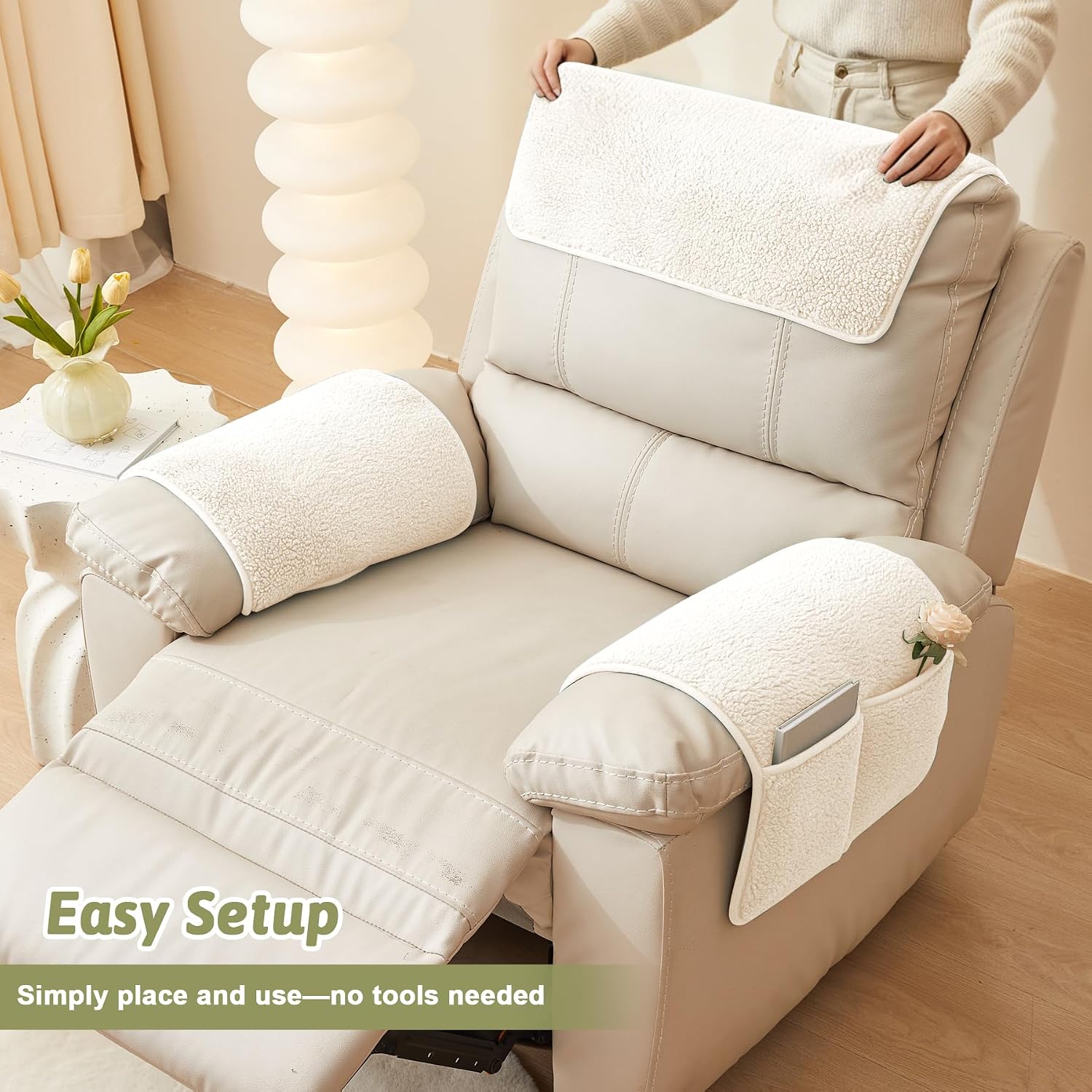 Universal Sherpa Recliner & Armchair Covers with Pockets | Pockets on Both Sides, Soft Sofa Armrest Backrest Protectors, Pet Friendly, Washable, Non-Slip, Easy Setup, Ivory