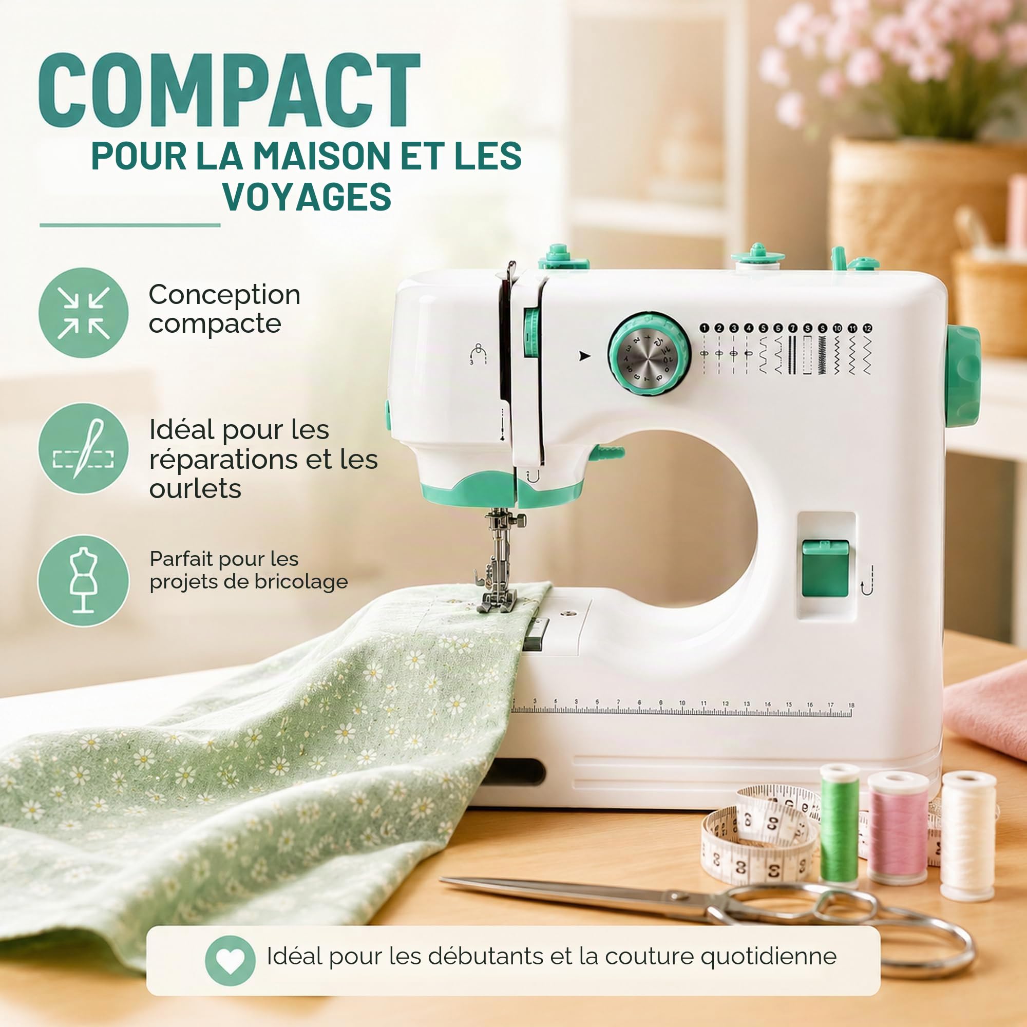 Petite machine à coudre électrique portable pour débutants, 12 programmes de couture, éclairage LED, kit d'accessoires de 42 pièces, idéal pour les voyages