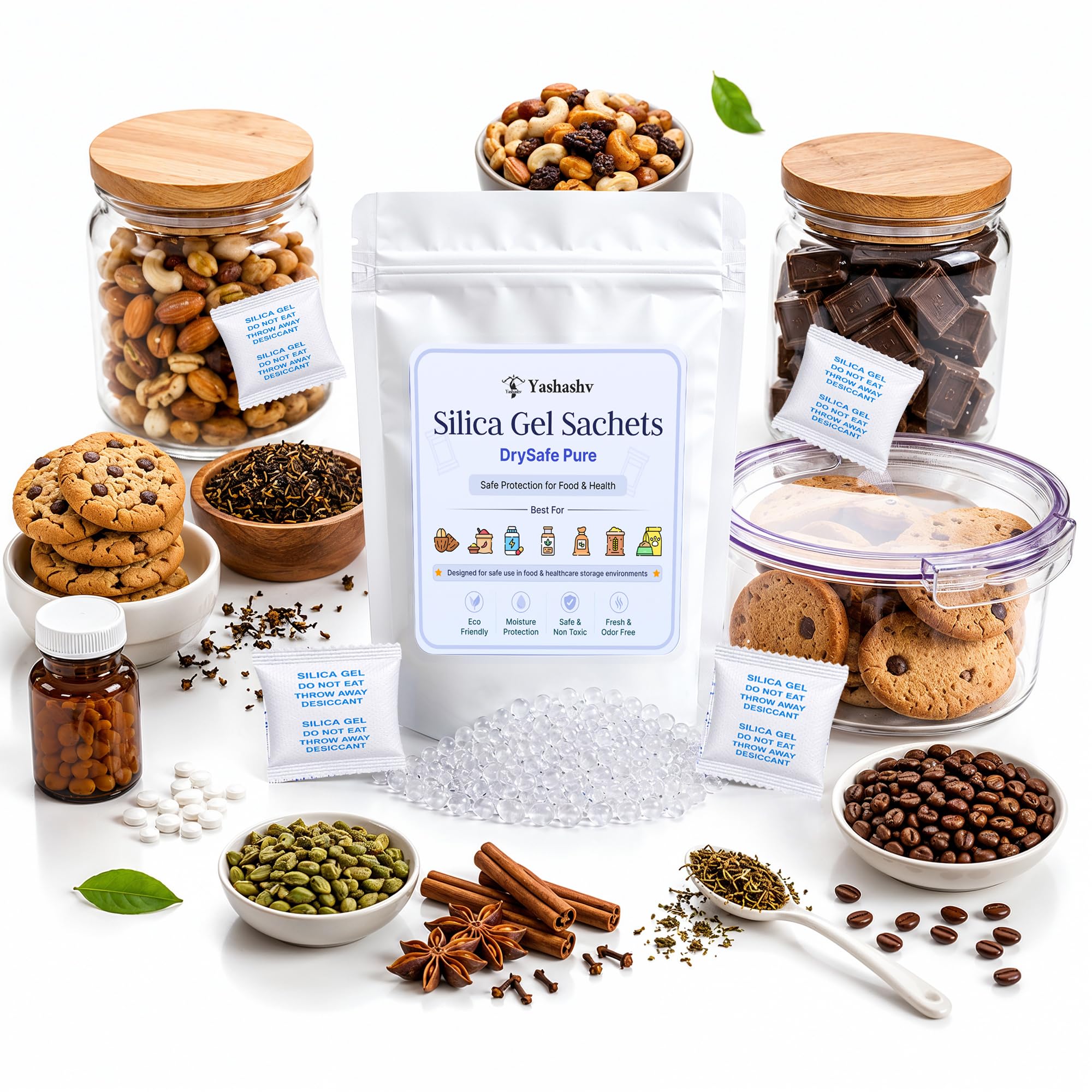 DrySafe Pure Food Grade Silica Gel Packets 2 Gram (25 Sachets) | Food Grade Desiccant Sachets for Dry Fruits, Spices, Tea, Coffee, Namkeen, Seeds, Supplements & Airtight Food Containers-picture-20