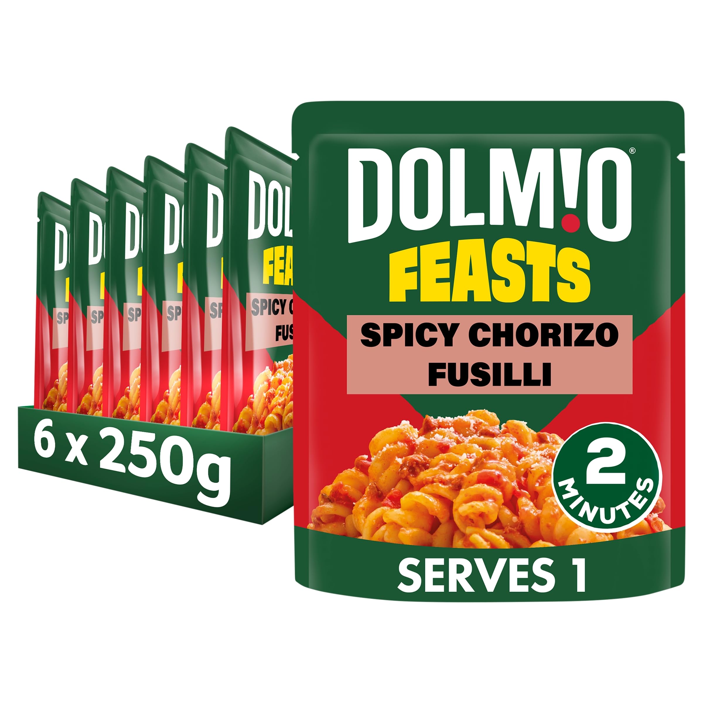 Dolmio Feasts Spicy Chorizo Fusilli ready in 2 minutes Pasta Instant Meal Pouch serves 1 - multipack 6x 250g