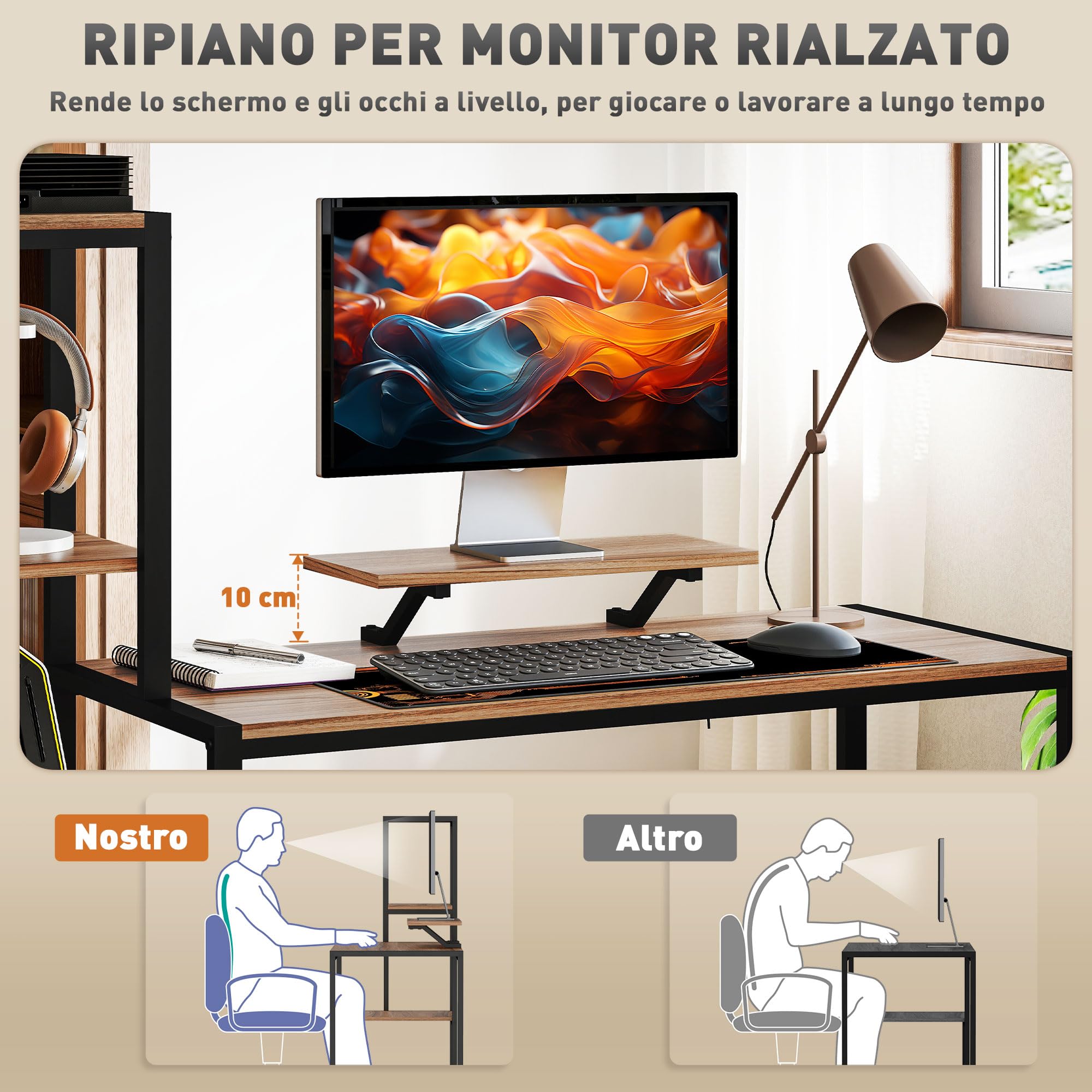 HOMCOM Scrivania PC con Scaffale Reversibili a 4 Ripiani e Supporto per Monitor, Scrivania per Computer 15.6" con Piano per CPU e Stampante, per Ufficio e Studio, 150x48x125cm, Marrone
