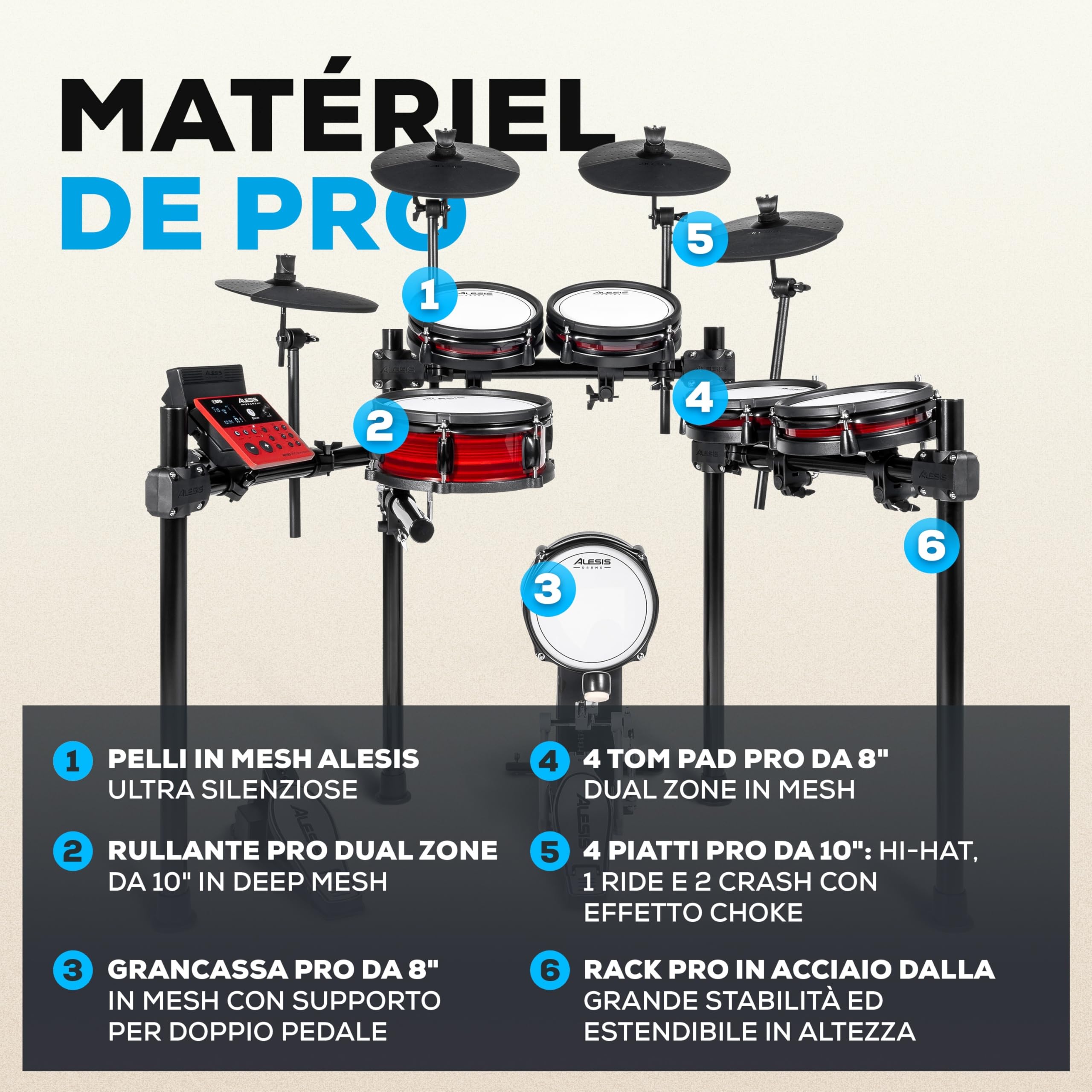 Alesis Nitro Pro XL Batteria Elettronica 10 Pezzi Mesh Dual Zone Pad BFD Suoni Bluetooth Drumeo USB MIDI