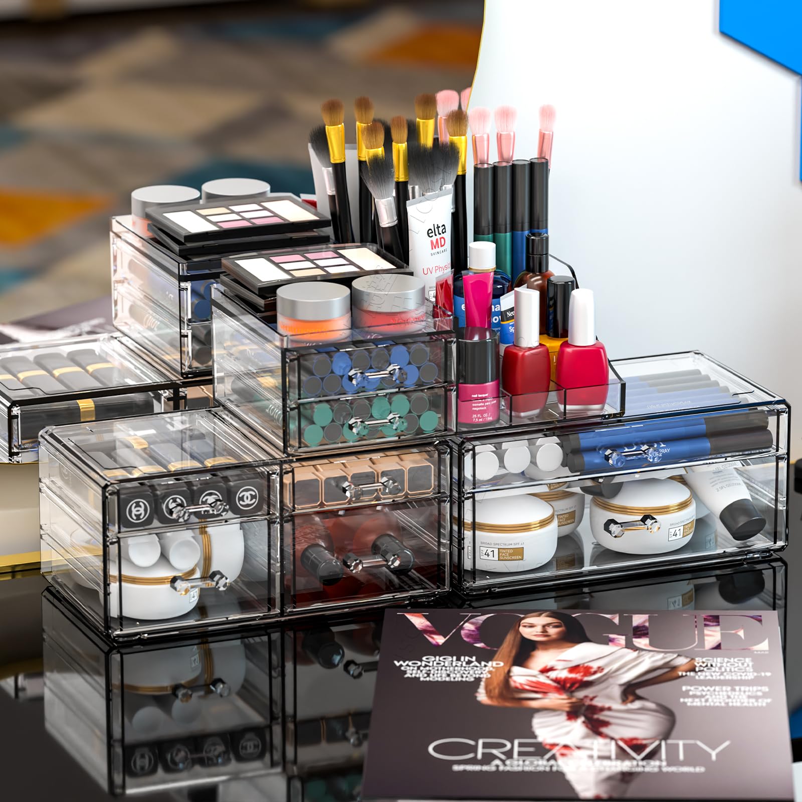 Cq Clear Acrylic Makeup Organizer with Stackable Drawers