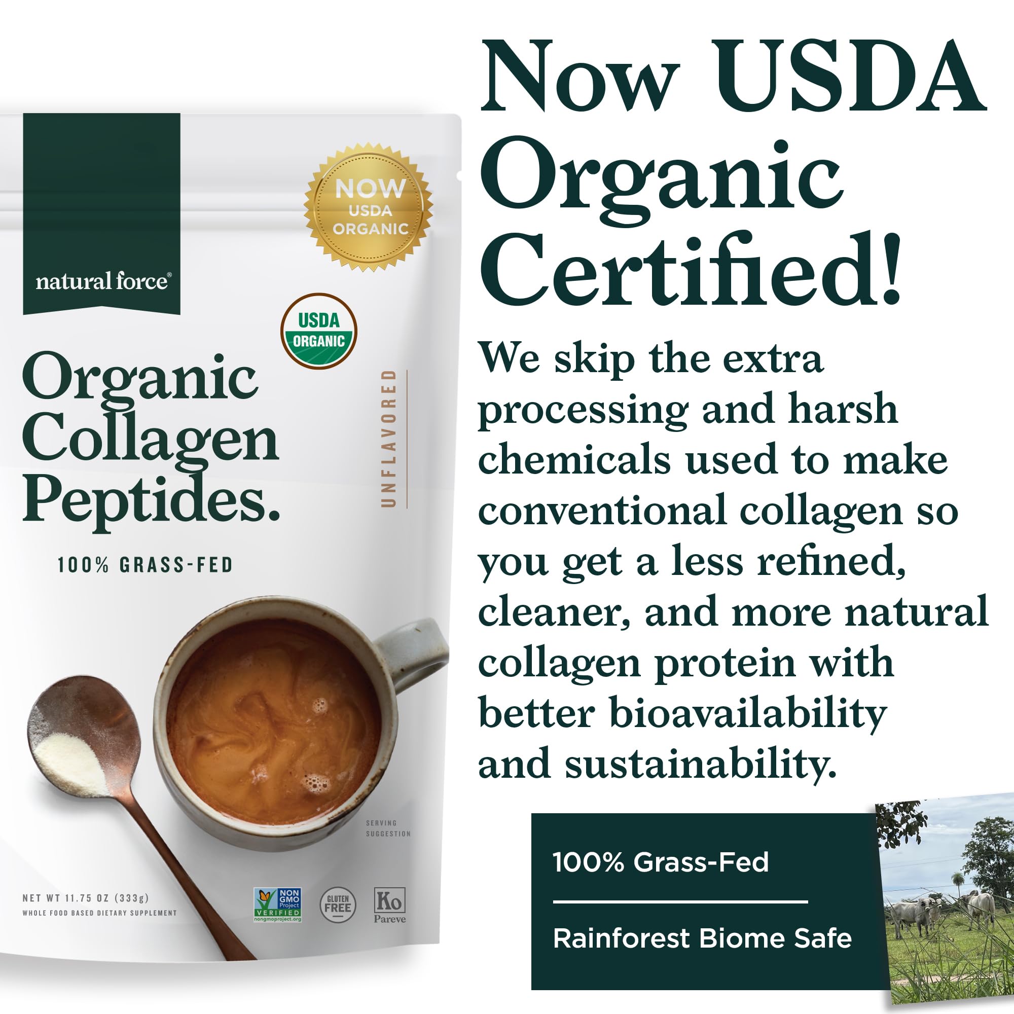 Natural Force Organic Clean Collagen Peptides Powder - USDA Certified Organic & Non-GMO, Keto & Paleo Certified - Hydrolyzed Type I & III Protein Powder with Essential Amino Acids – Unflavored, 10.7oz — Amazon image 3