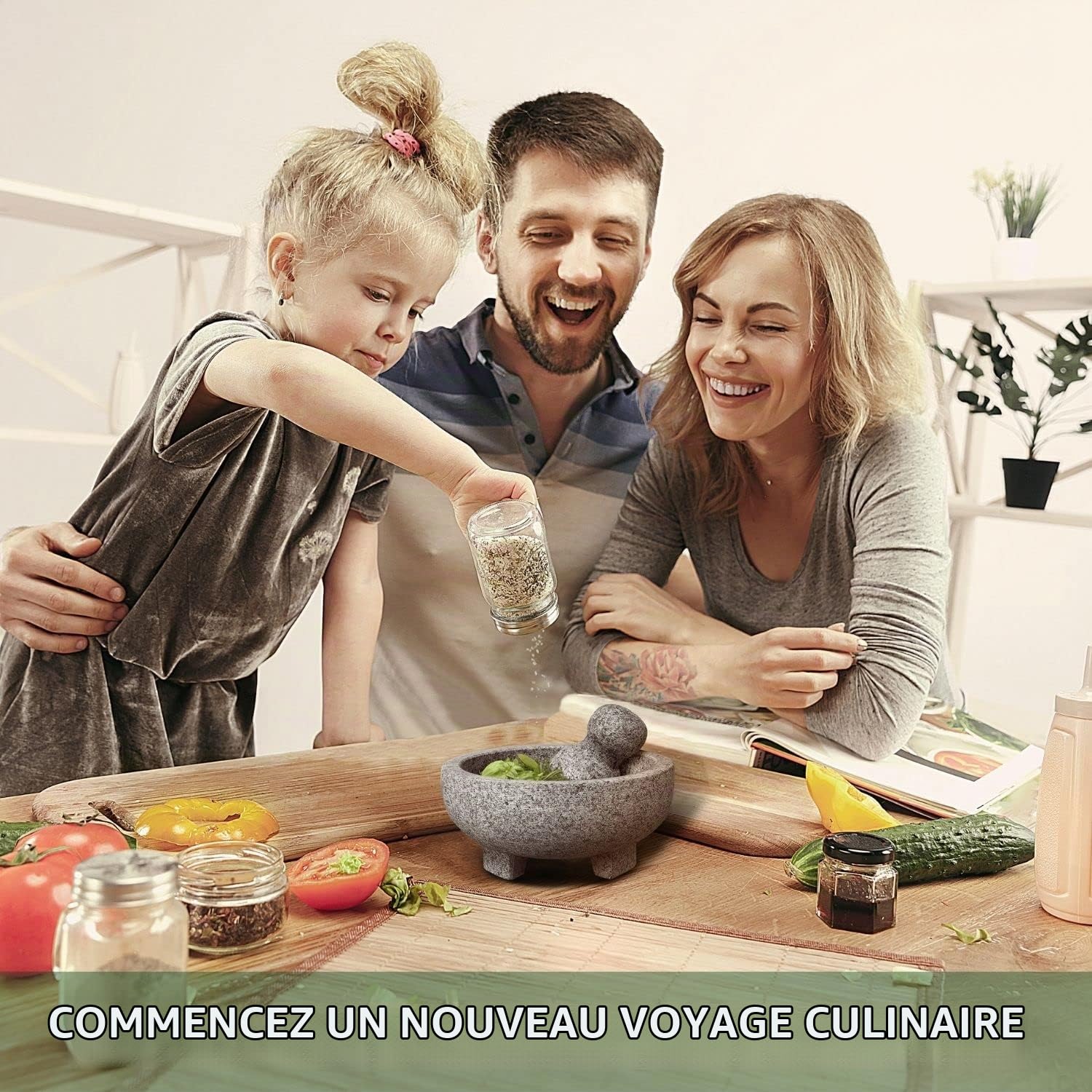 Flexzion Ensemble de mortier et pilon en granit massif - Support de bol en molcajete de 15,2 cm pour guacamole, herbes, épices, ail, cuisine, médecine