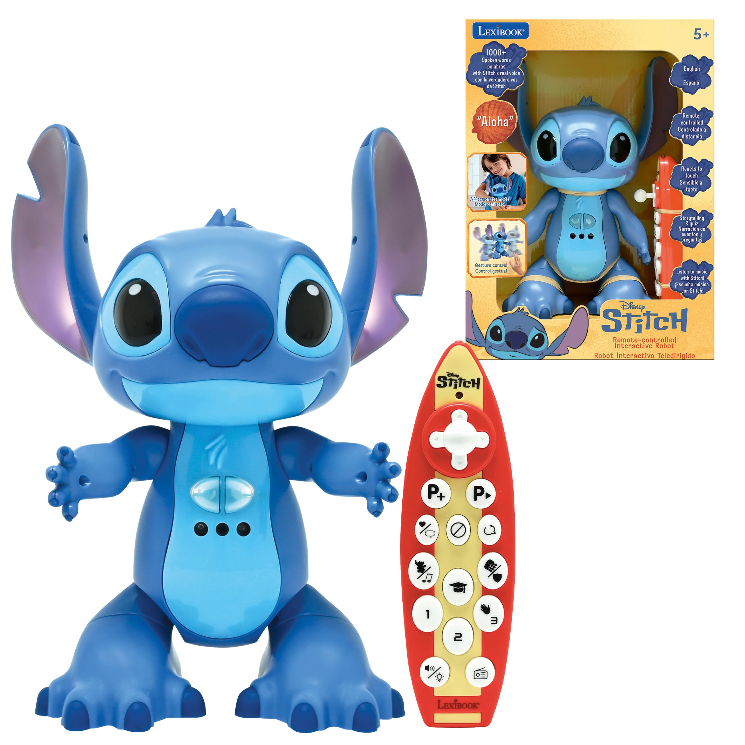 LEXIBOOK, Disney Stitch, Bilingual English Spanish Interactive Toy, Gesture and Remote Control, Reacts to Touch, Programmable, Two Speed, Blue, STITCHi2