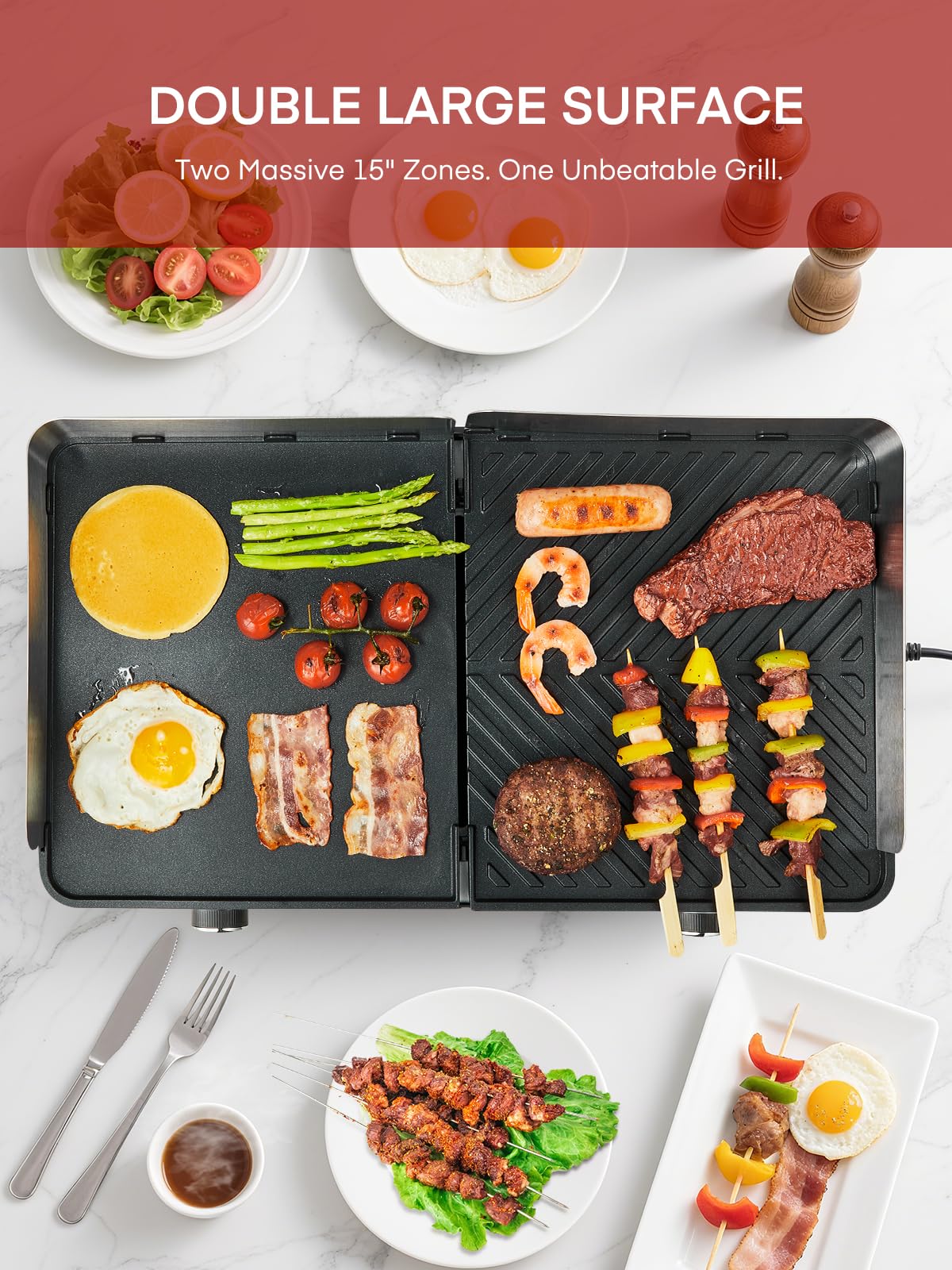 FOHERE Barbecue Électrique de Table 2400W - Plancha de Jardin et Balcon avec 2 Zones de Cuisson Indépendantes - Grande Surface Antiadhésive (Lisse & Nervurée) - Idéal Camping et Extérieur