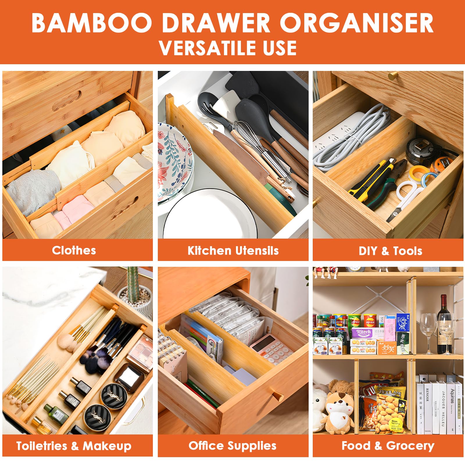 Divisori per Cassetti Cucina Regolabili (43-56cm, Alti 6cm) 6 Pezzi Separatori per Cassetti in Bambù Divisori Cassetti per Organizer Cassetti per Armadio, Biancheria Intima, Naturale