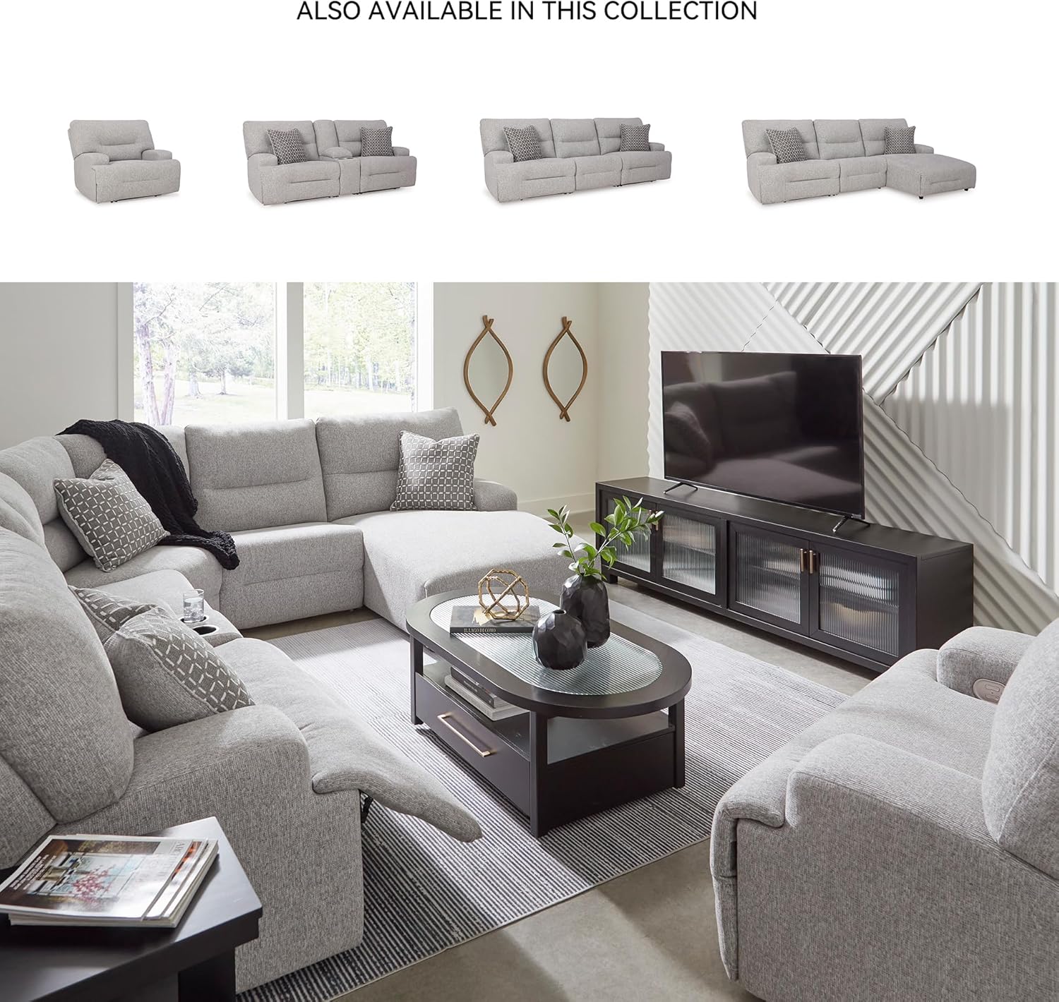 Signature Design by Ashley Acklen Place Stain Resistant Modern L-Shaped Right-Arm Facing 3-Piece Power Reclining Sectional with Adjustable Headrest, USB Ports and 2 Accent Pillows, Light Gray