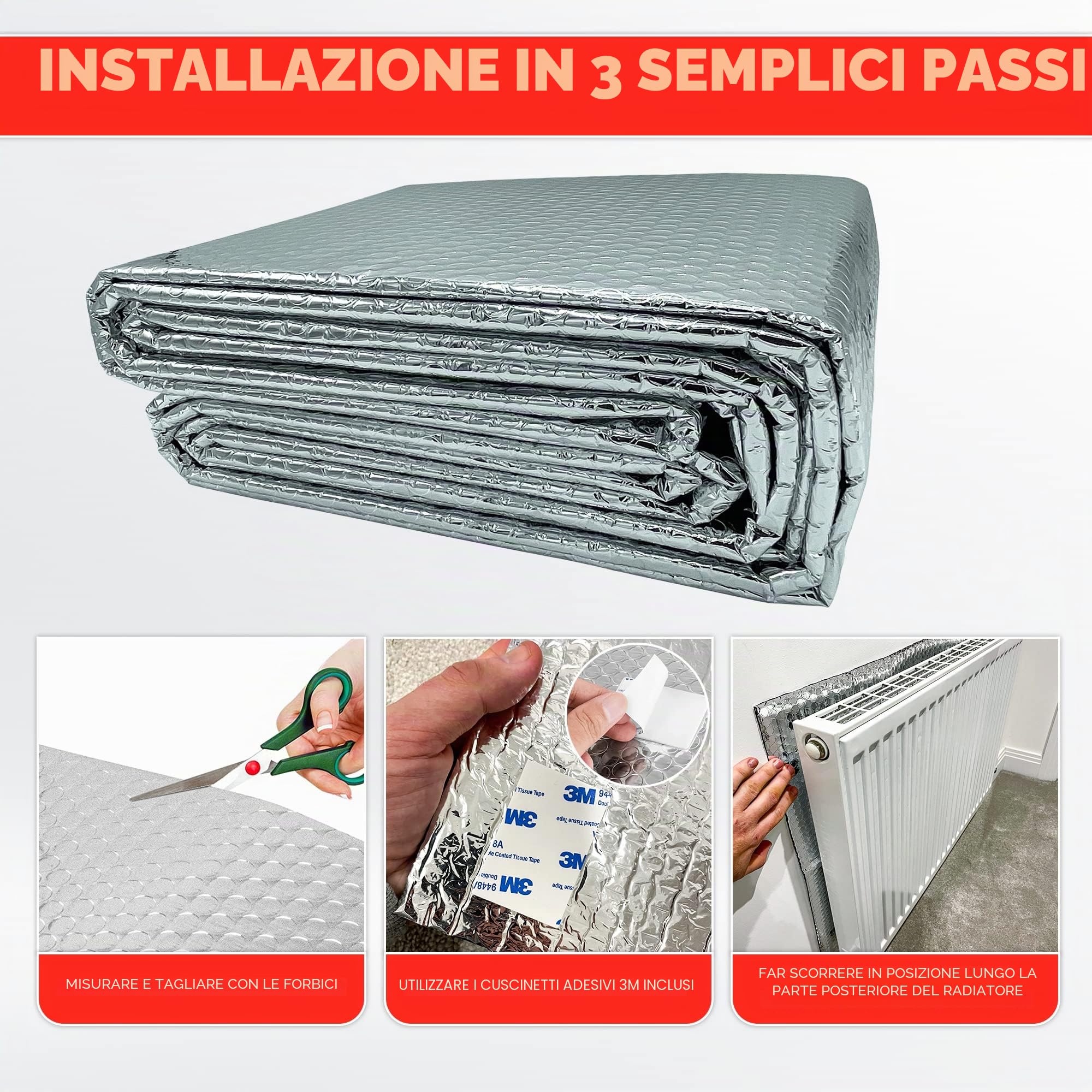 Rotolo di pellicola riflettente per radiatori, 5 m x 60 cm, pannelli e foglio isolante per termosifoni, pellicola riflettente per radiatori, isolamento termico per termosifoni, include cuscinetti
