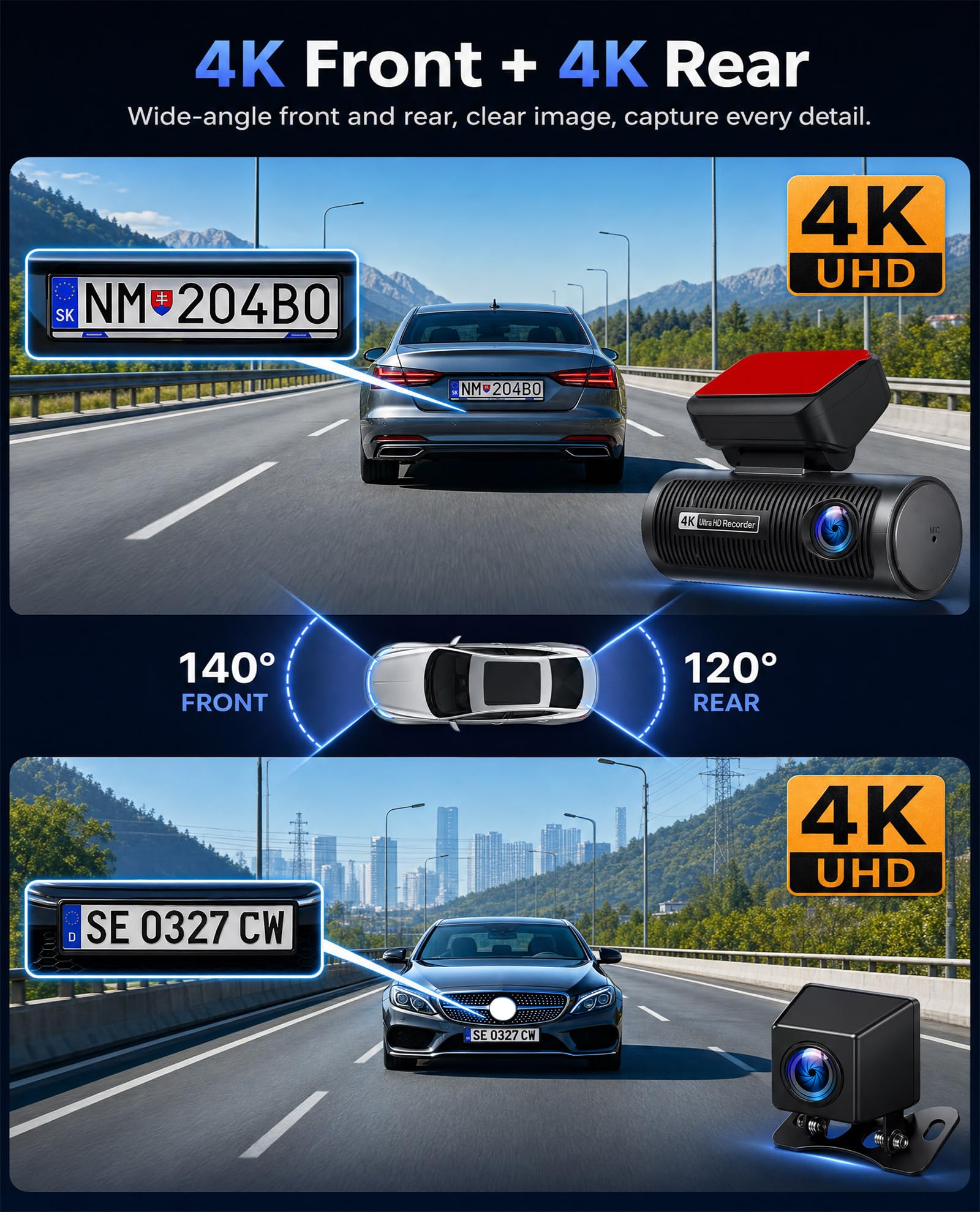 SIXWIN Kamera samochodowa 4K z wyświetlaczem 3,19", podwójna kamera na deskę rozdzielczą z przodu i z tyłu, kamera samochodowa 4K FHD, Wi-Fi i aplikacja, widoczność w nocy, nagrywanie w pętli, czujnik