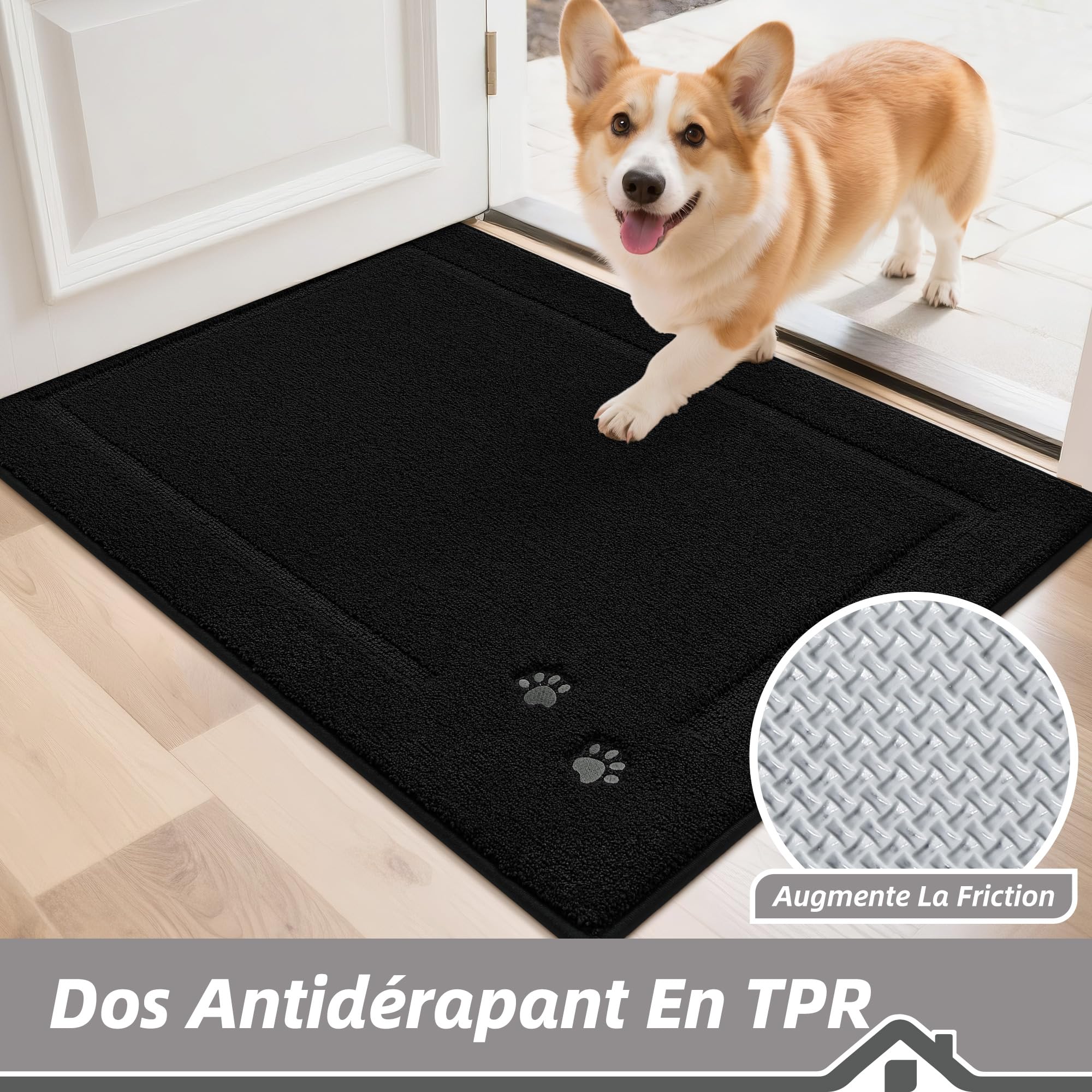 BEQHAUSE Tapis Entree Interieur, TPR Antidérapant, Noir, 90 x 150cm