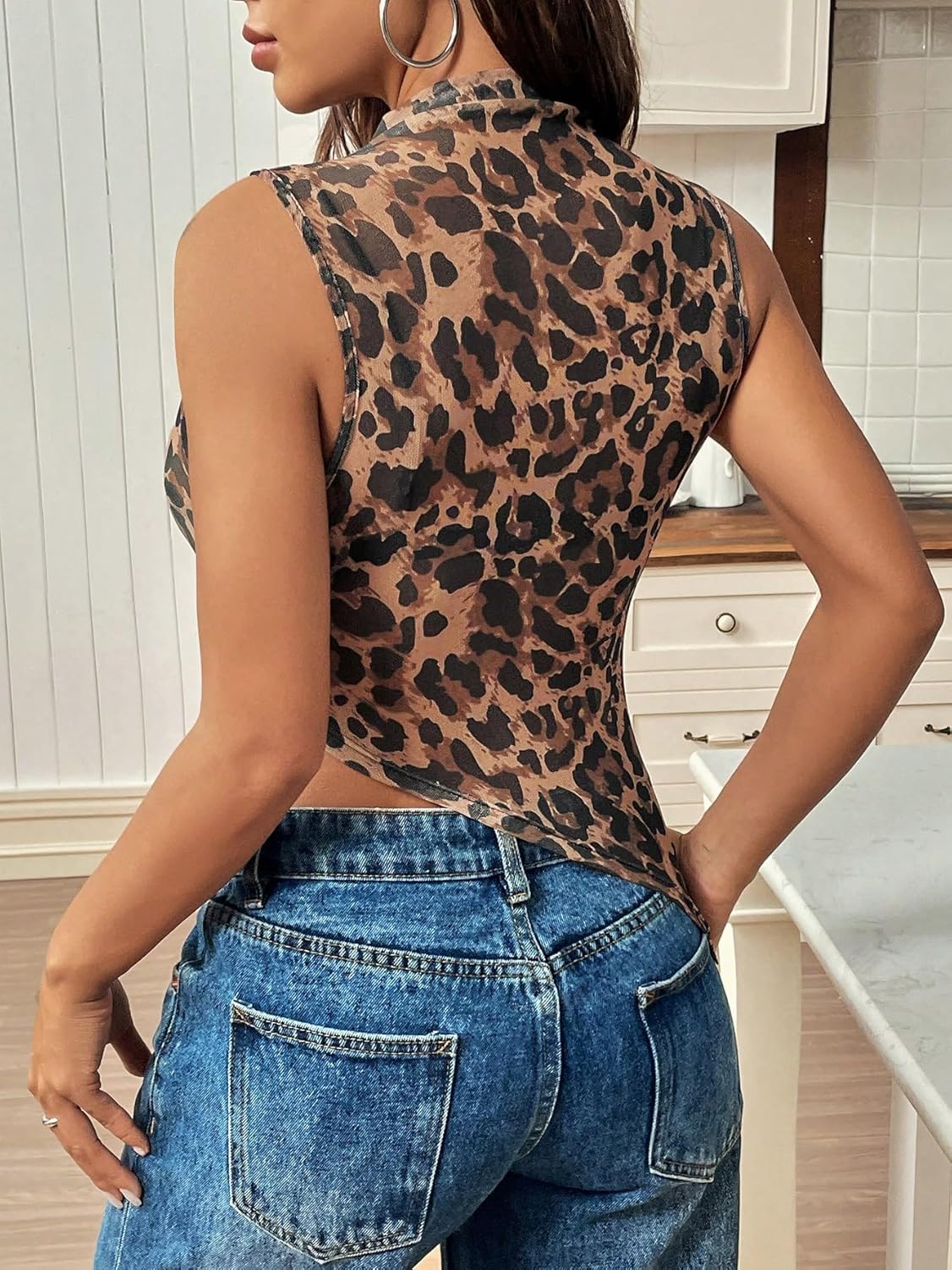 QJQ Women's Sheer Mesh Tank Tops Mock Neck Sleeveless Asymmetrical Hem Crop Top See Through Shirts - Image 3