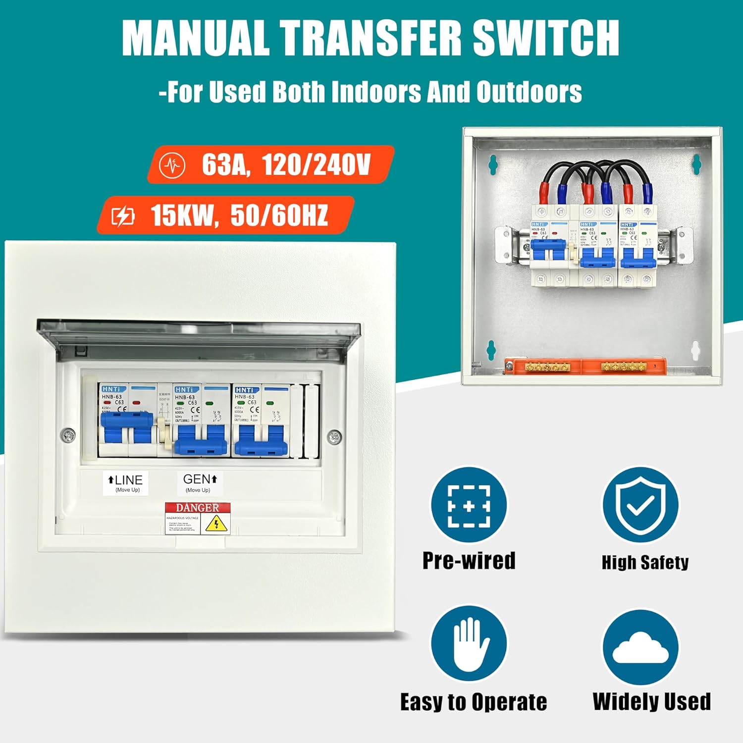 Generator Transfer Switch,63 Amp Manual Transfer Switch, 120/240-Volt Transfer Switch,15,000 Watt Prewired Transfer Switch for Home Generator and Solar Power Systems,with Overload Protection (63A-2P)