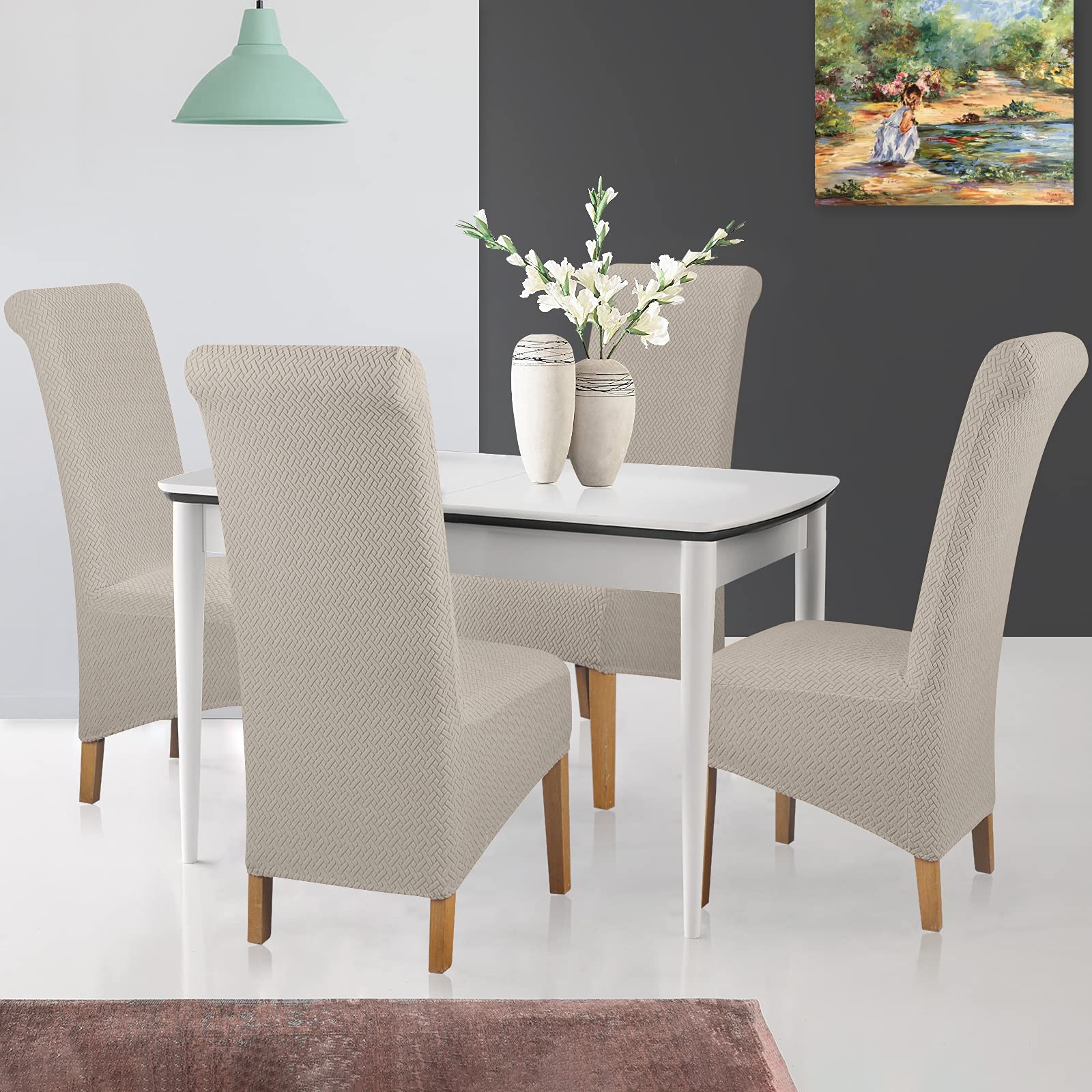 Stuhlhussen mit Langer Rückenlehne Twill-Strickvlies, Stuhlhussen für Esszimmer Küche Zimmer Hotel Stretch-Stuhlsitzbezug Heimdekoration Kamel 4er Pack