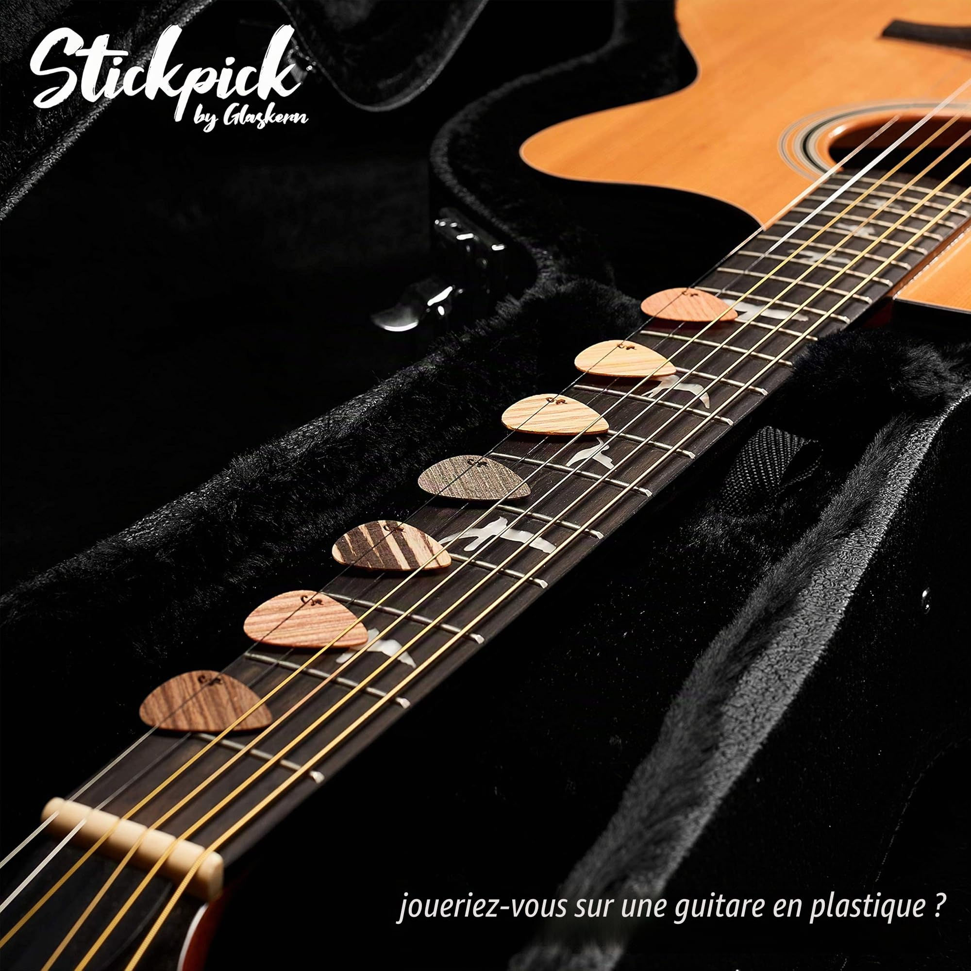 Stickpick | set avec 7 médiators de guitare flexibles en bois véritable précieux | fabriqué de manière durable | Made in Germany.