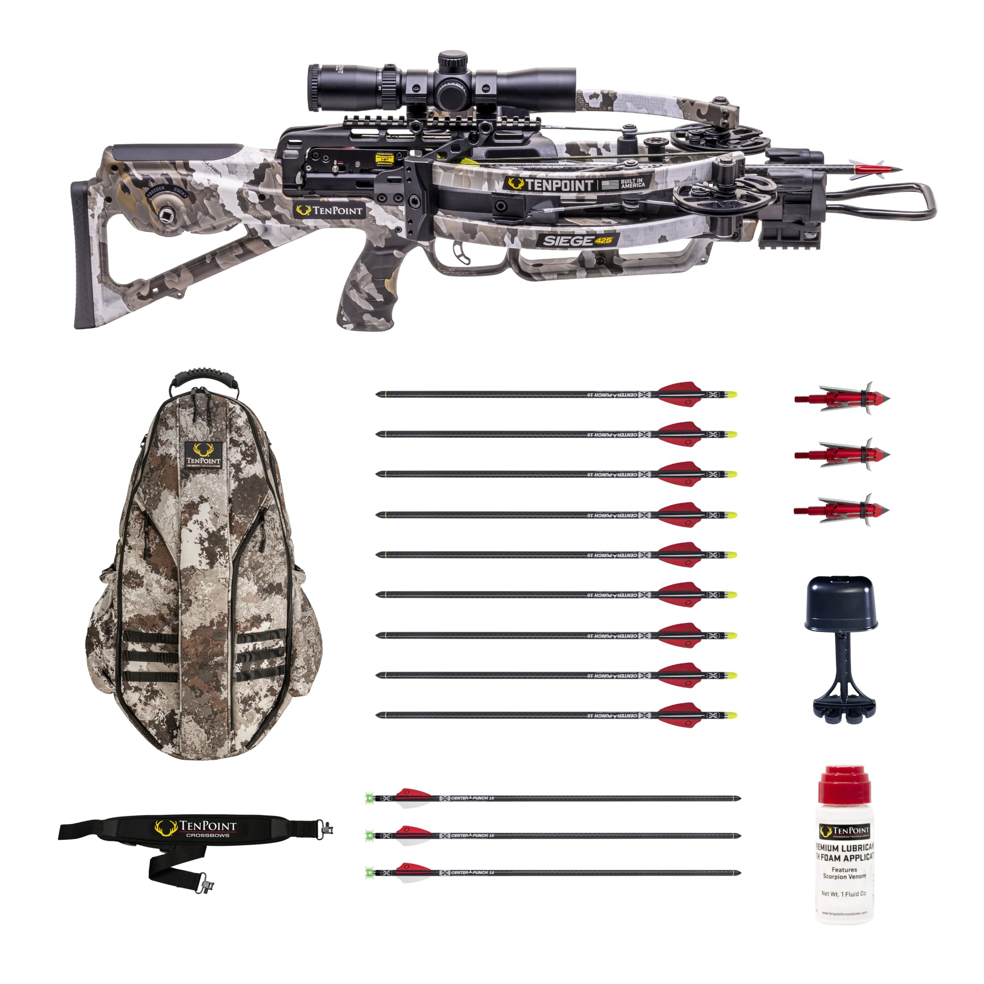 TenPointSiege 425 Ready-to-Hunt Package - Includes Siege 425 Crossbow (Vektra), 9 EVO-X Non-Lighted + 3 EVO-X Lighted Arrows, 3 Nemesis Broadheads, HALO Bowpack, Neoprene Sling & Premium Lubricant