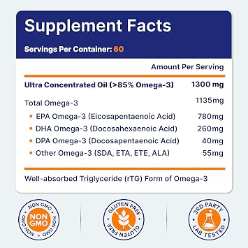 OmegaVia Ultra Concentrated Omega 3 Fish Oil, EPA DHA 1135 mg (60 Softgels) | 3x More Omega-3 in One Pill, Burp Free Omega 3 Supplement for Women & Men, Triglyceride Form, Brain & Joint Support