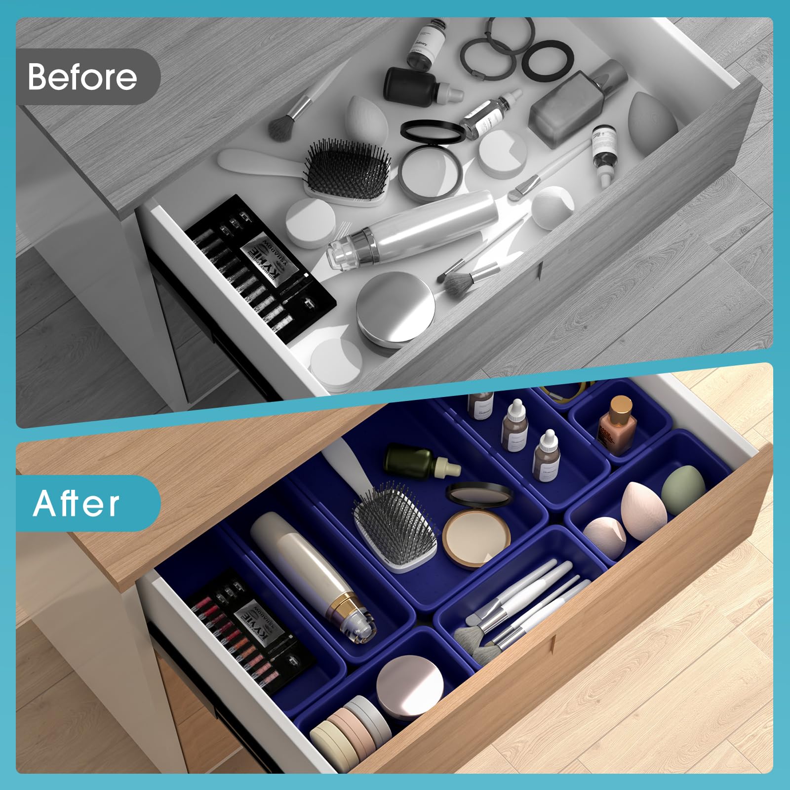 Lot de 10 organiseurs de tiroir de 4 tailles avec coussinets antidérapants, bacs de rangement emboîtables en plastique pour bureau, coiffeuse à bijoux, gadgets, salle de bain, cuisine, bleu marine