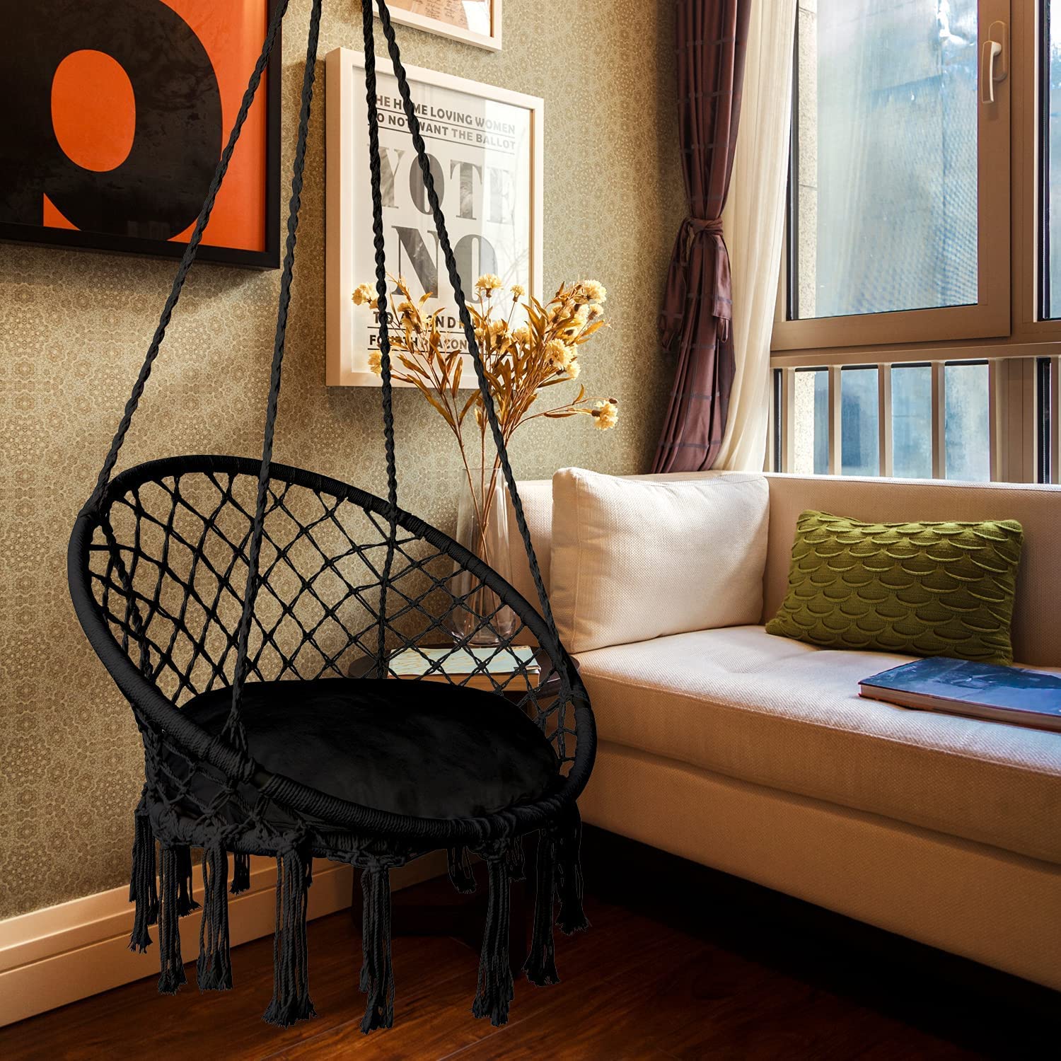 HFKJ Hammock Chair Hanging Rope Swing with Hardware and Cushion Handmade Knitted Mesh Hanging Chair with Macrame for Bedroom Patio Yard Garden, Max 330 Lbs