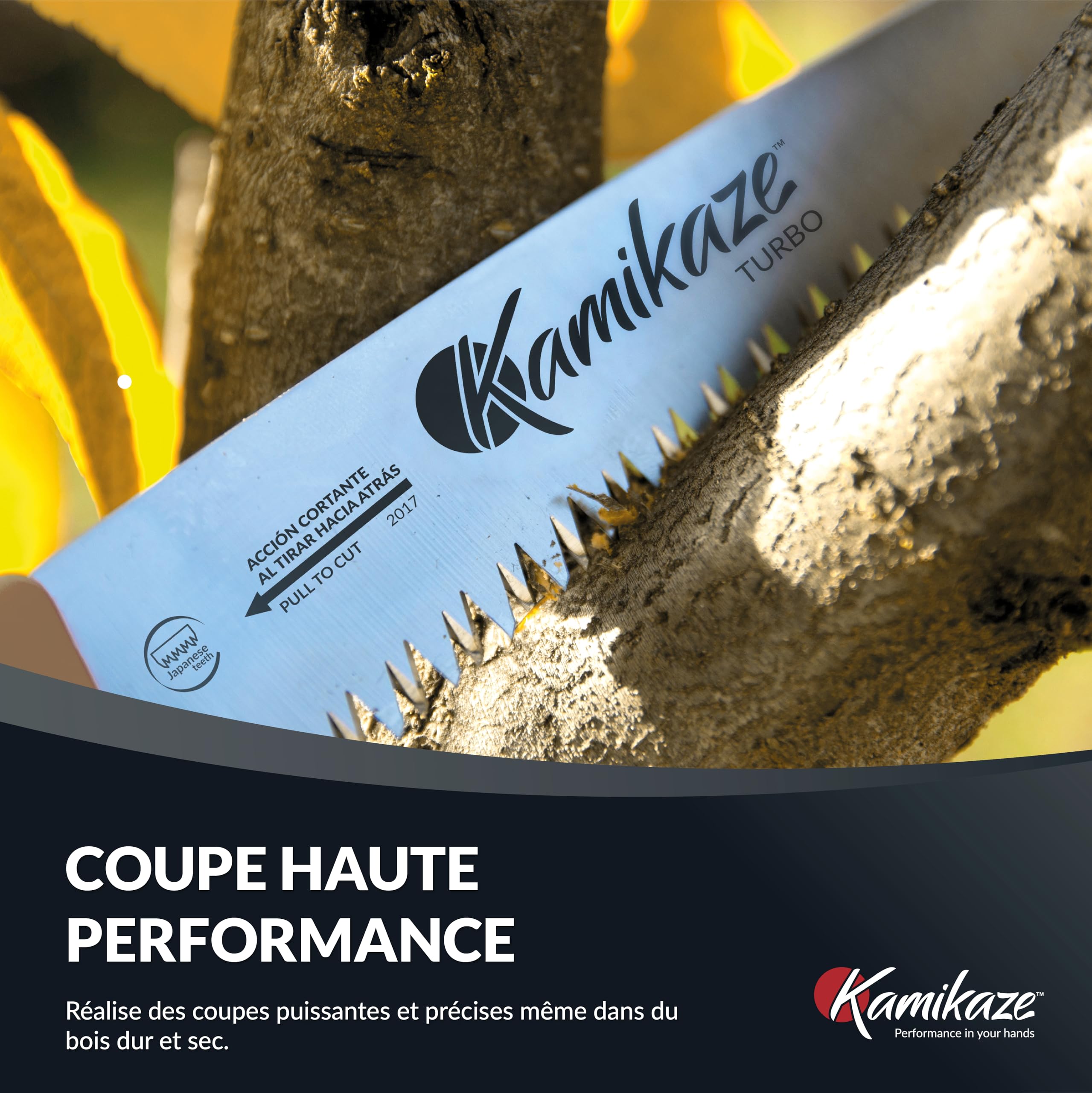 KAMIKAZE Scie d'élagage KM S-330 MAX. 80mm Ø. Livré avec étui. Acier SK-4 denté japonaise. Scie courbée. Fabriqué et conçu en Espagne