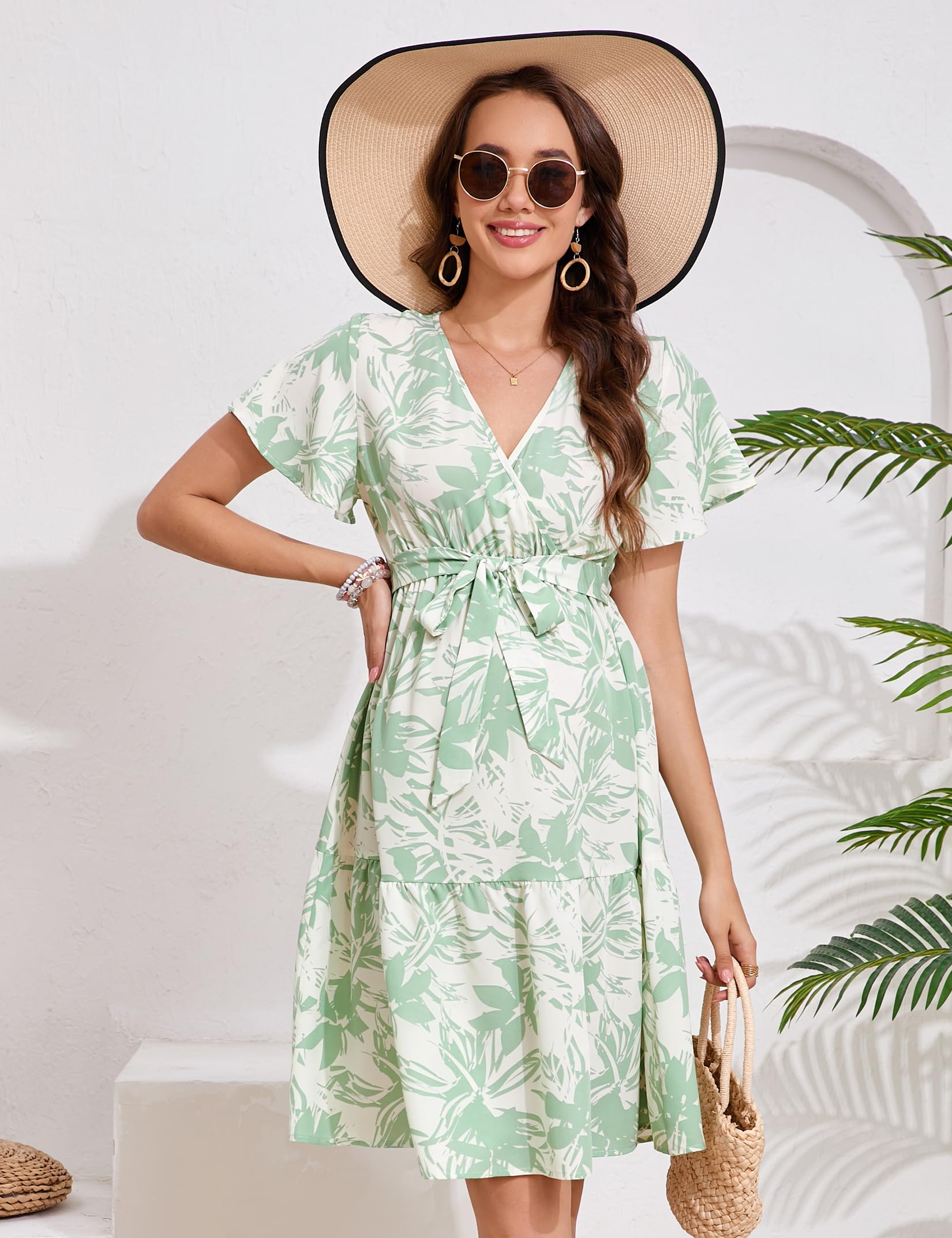 YesFashion Damen Umstandskleid Sommer V-Ausschnitt Stillkleid Kurzarm Elegant Schwangerschaftkleider Umstandsmode Kleid mit Gürtel(Verpackung MEHRWEG)