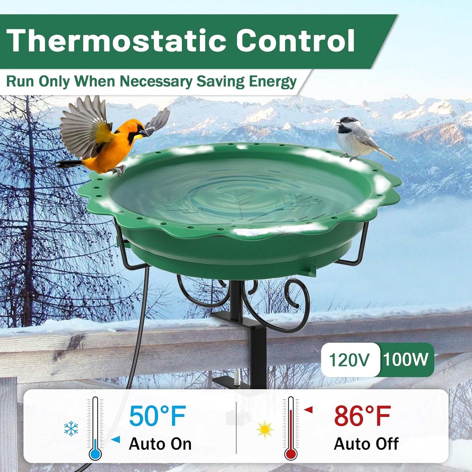Heated Bird Baths for Outdoors, 100W Heated Bird Bath for Deck Railing, Heated Birdbath with Thermostat Control, Heated Bird Bath for Outside Winter Garden Patio Yard (Green)