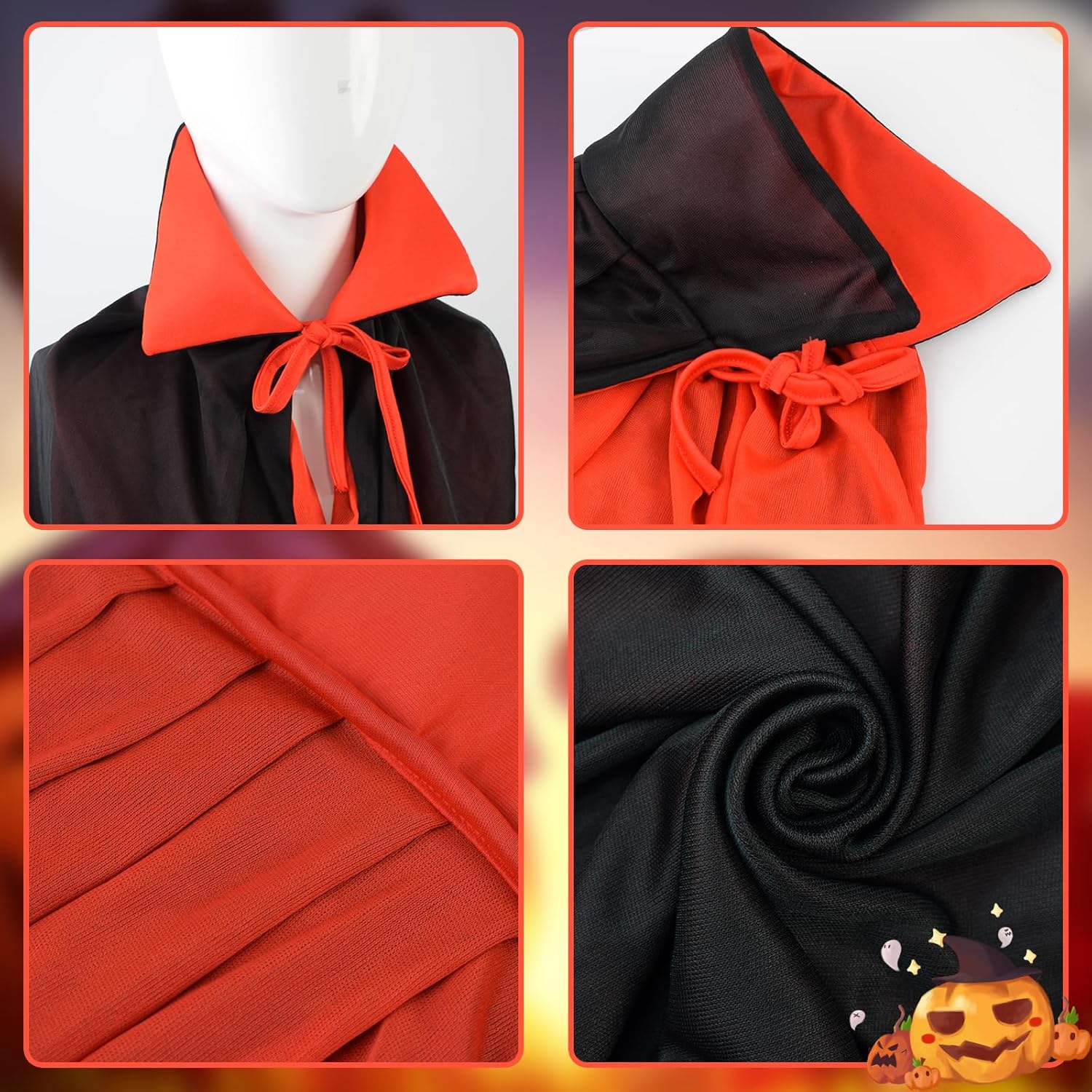 Vista 2 de Oubest Disfraz de vampiro con capa reversible y orejas de dientes de vampiro, disfraz unisex de Drácula para Halloween