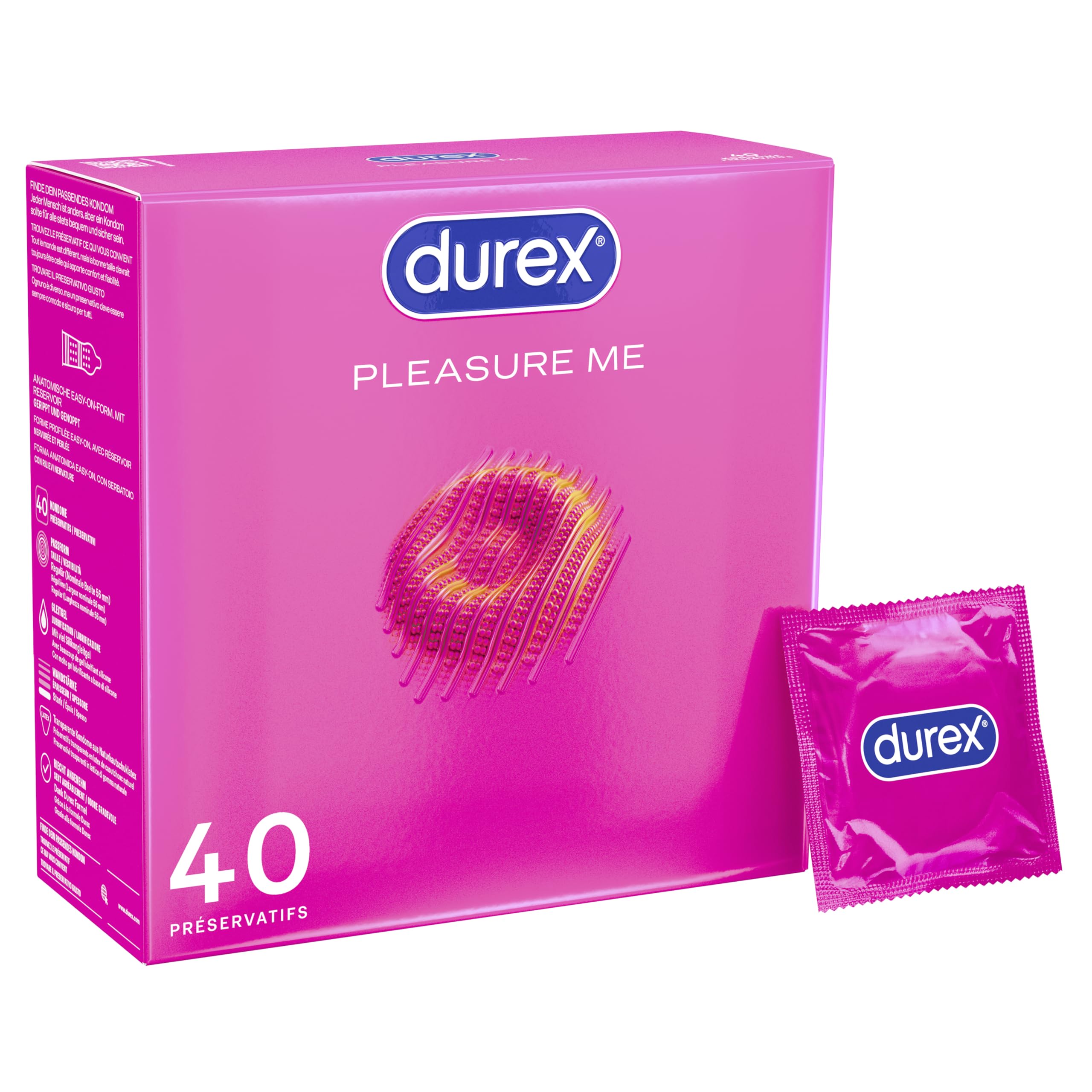 Durex Pleasure Me Kondome – Mit Noppen & Rippen, anatomischer Easy-On-Form & mit viel Silikongleitgel befeuchtet – 40 Kondome (1er Pack)