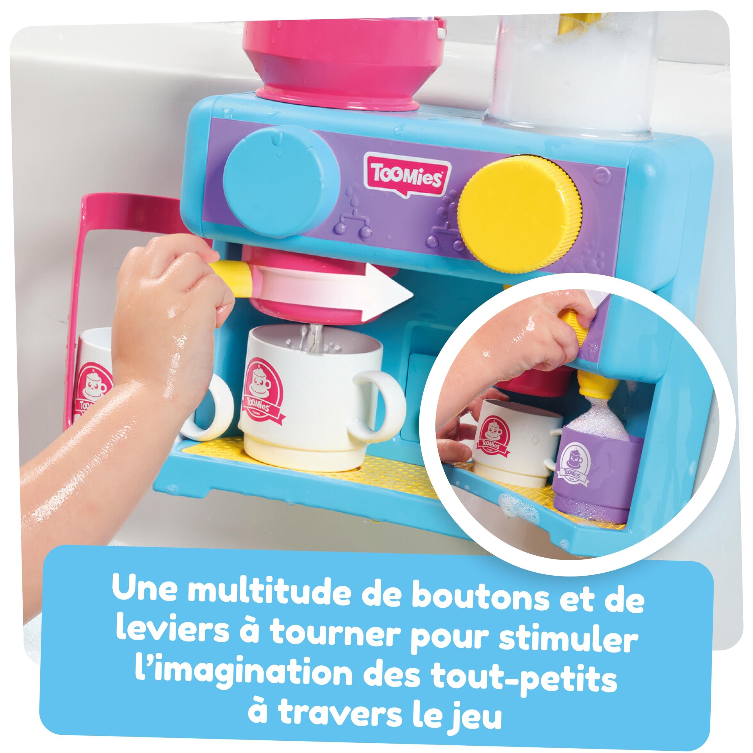 TOMY Toomies Machine à café pour le bain - Jouet de bain pour bébé - Jouet pour baignoire à fixer au mur - Coffret dinette enfant qui comprend 3 tasses, 1 pot et 1 shaker - À partir de 18 mois