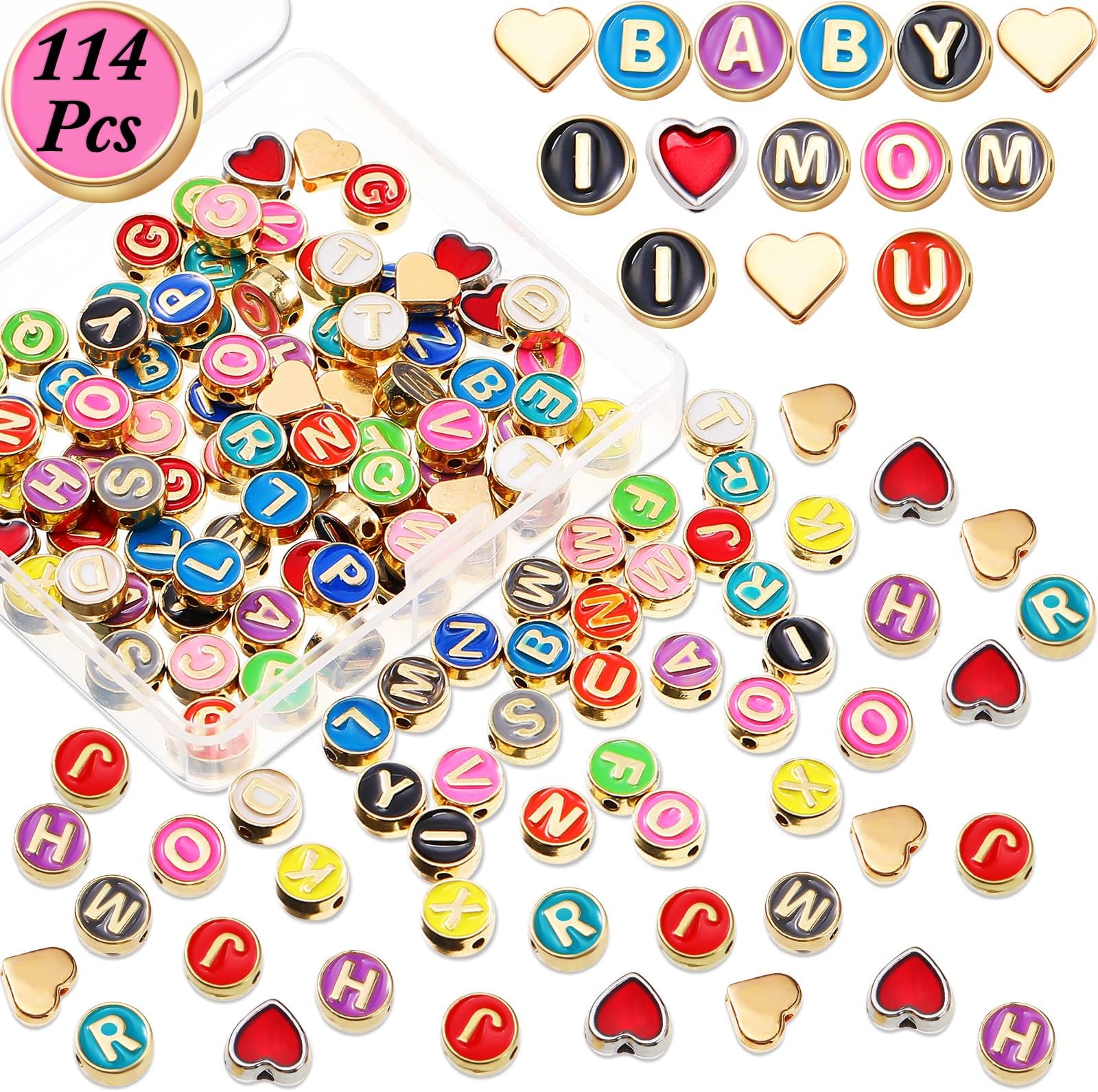 Sureio 114 Pcs Alloy Alphabet Letter Beads 8 mm Flat Round with Letter A-Z Plated Metal Initial Loose Spacer Beads for DIY Bracelet Necklace Earring Jewelry Craft Making(Bright Colors)