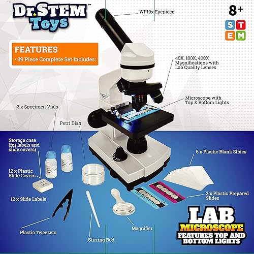 Miniatura 7 de Dr. STEM Toys Kit de microscopio de 39 piezas para niños con luces superior e inferior, diapositivas de muestra, lentes ajustables 40X, 100X y 400X,