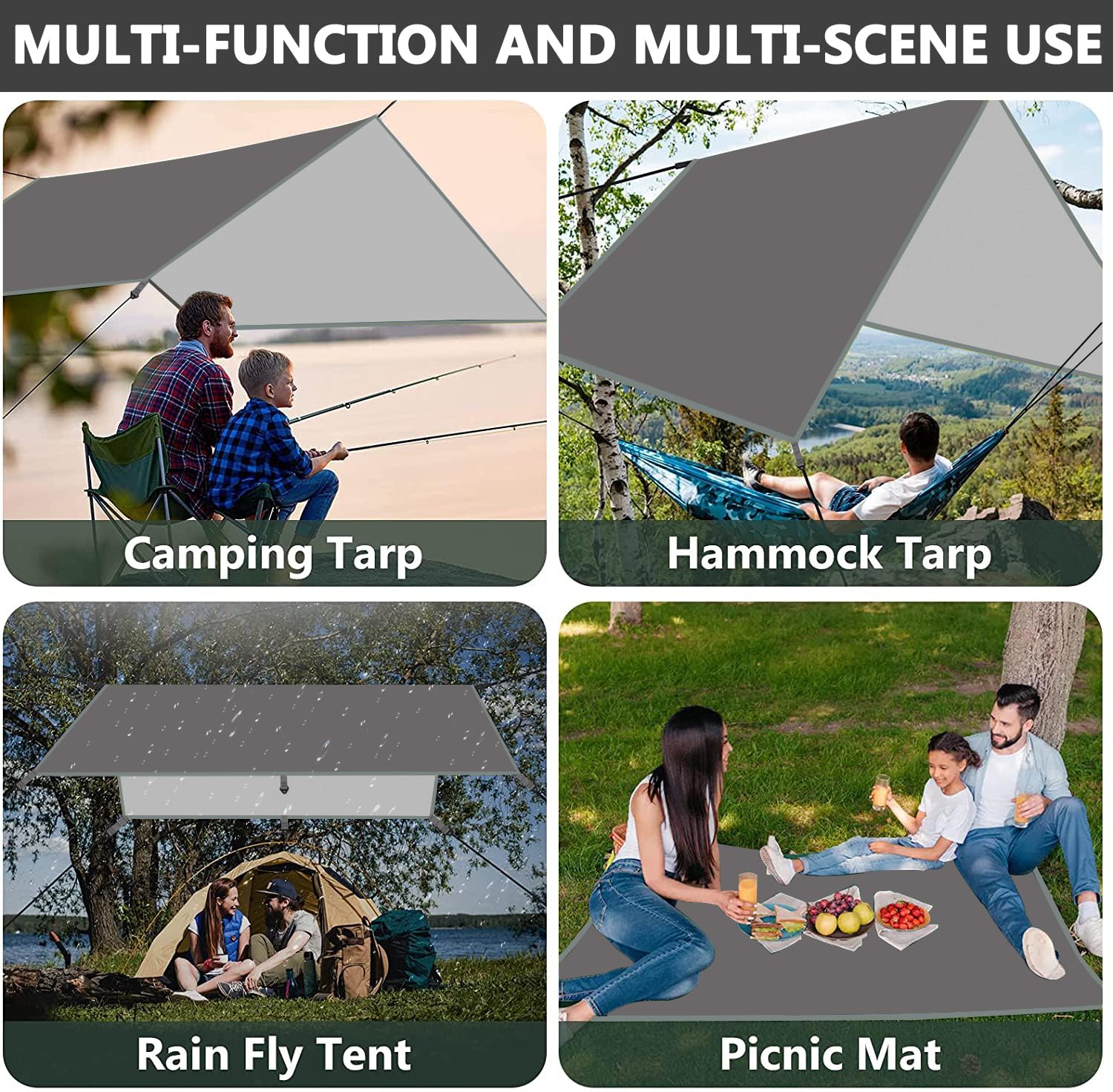3x3M Camping Bâche, Tarp Bivouac Anti UV, Ripstop, Kit de Bâche Imperméable avec Oeillets, 6 Piquets en alu, 6 Cordes, pour Bivouac, Randonnée, Trekking, Hamac, Auvent Van Fourgon, Extérieur