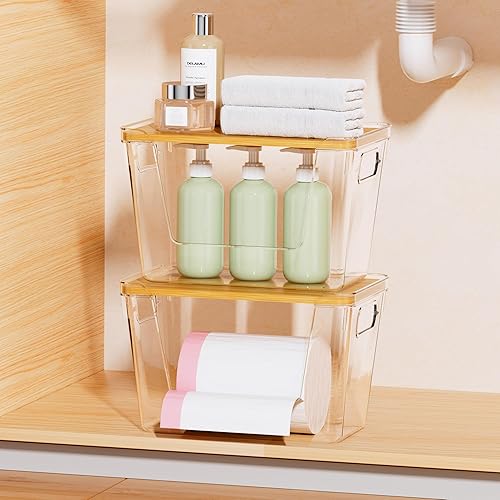 Miniatura 3 de Delamu Paquete de 2 dispensadores de bolsas de basura con tapa de bambú, organizador de bolsas de basura de plástico transparente para bolsas de 4 a