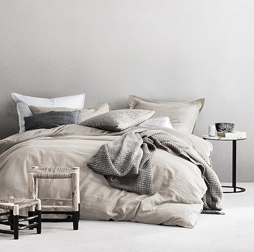 Eikei Juego de funda de edredón de cambray de algodón lavado, color sólido, estilo casual, moderno, relajado, tacto suave, aspecto arrugado natural