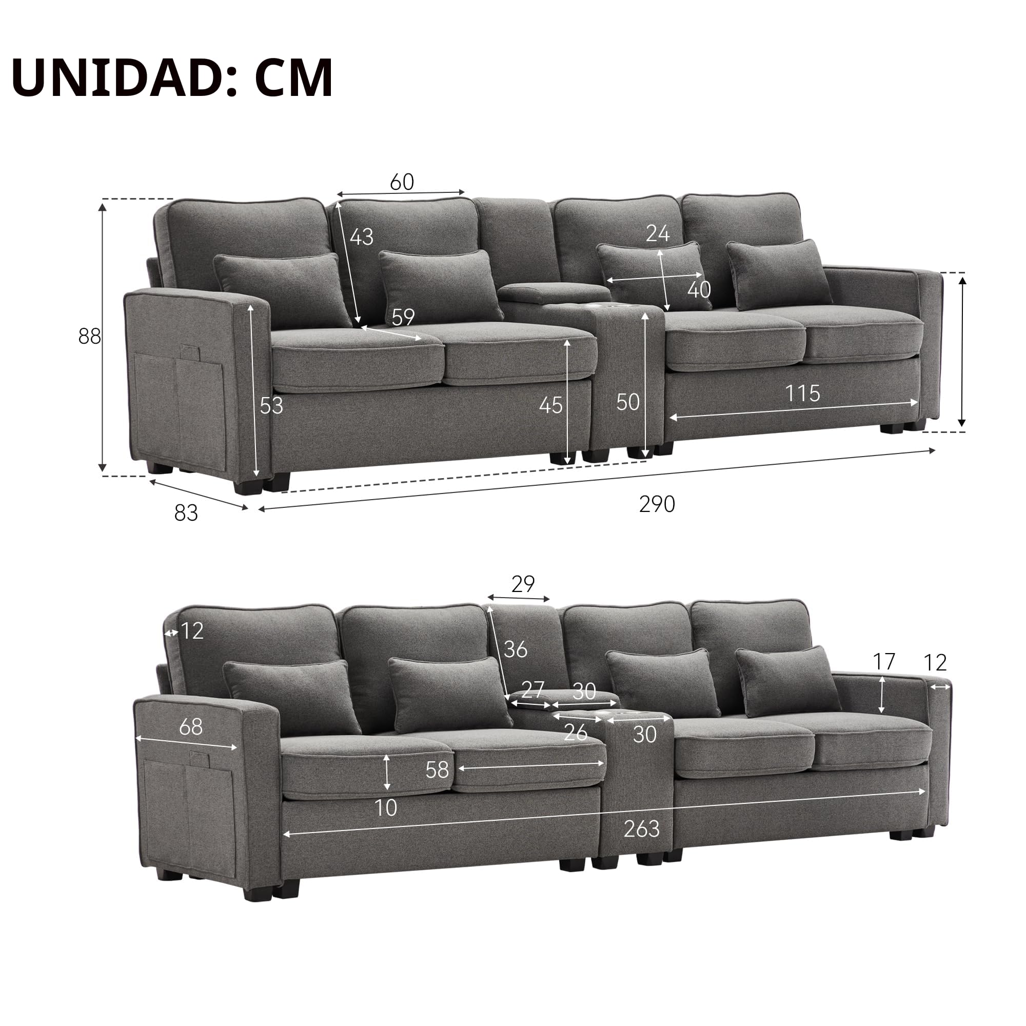 Azkoeesy Moderno sofá de 4 plazas de tela de lino, estilo sencillo, con consola, 2 soportes para bebidas, 2 puertos USB, 4 cojines, adecuado para sala de estar (gris oscuro)