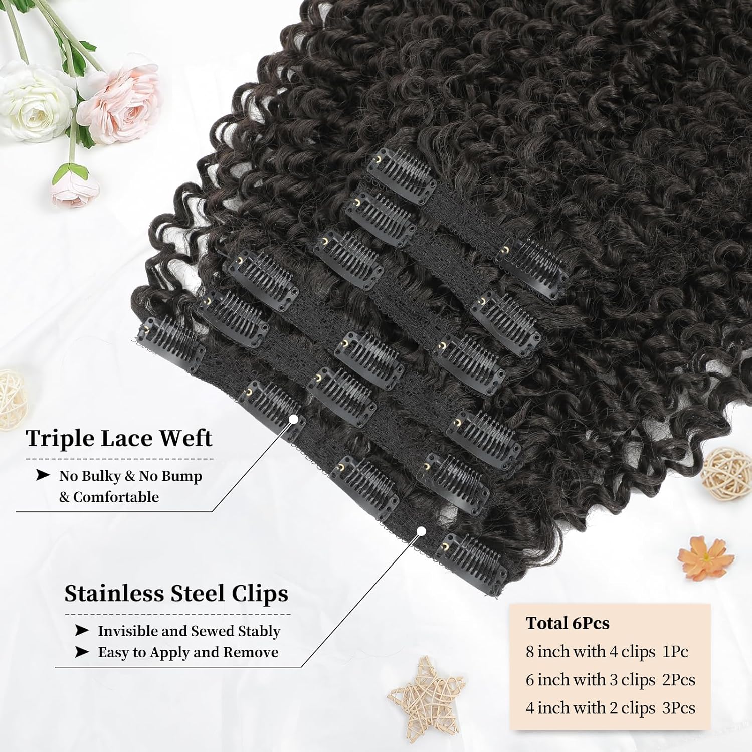 Curly Clip in Hair Extensions, Urbeauty Pink Mango 6 PCS 100% Pure Protein Silk Kinky Curly Hair Extensions Clip Ins for Black Women Hair Soft Natural Durable Light Long Lifespan - Image 3