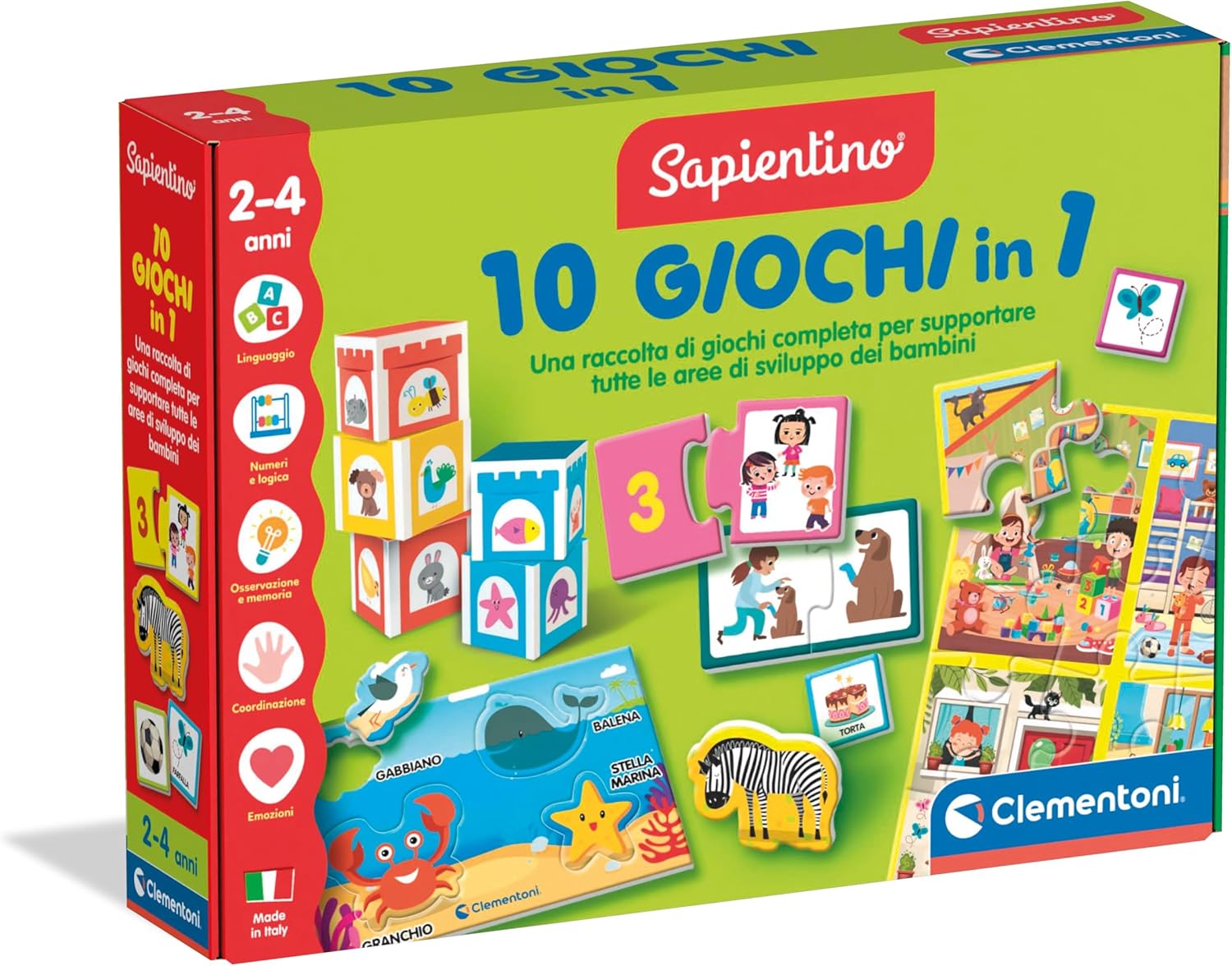 Clementoni Sapientino 10 Giochi in 1 – Educational Game for Children 3-6 Years, Illustrated Cards, Learning Letters and Numbers, in Italian, Made in Italy, 18153