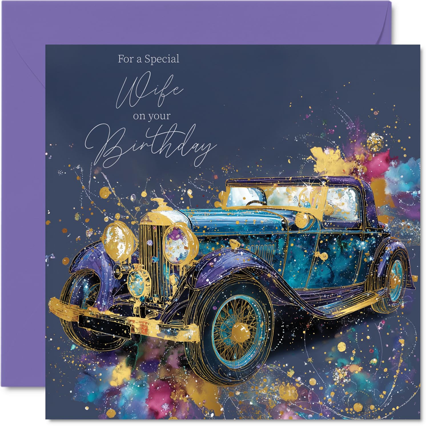 Gold Wife Birthday Card - Gold Car - Happy Birthday Card for Wife from Husband Partner, 145mm Golden Car Bday Greeting Cards