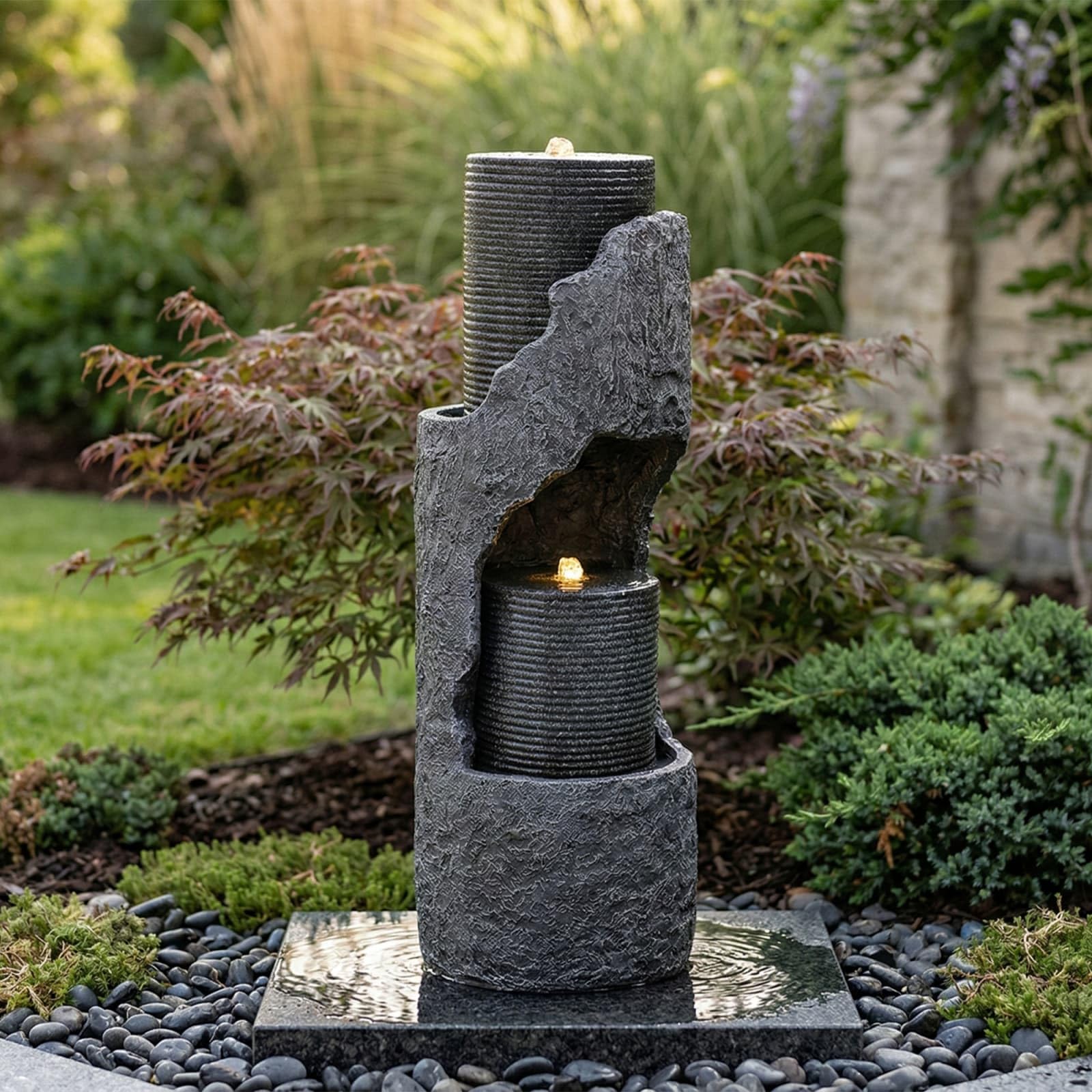 KOMHTOM Fontaine de Jardin avec Pompe à Eau, Enveloppe en Pierre Artificielle, Fontaine d'intérieur pour Jardins et Terrasses (Gris-D)