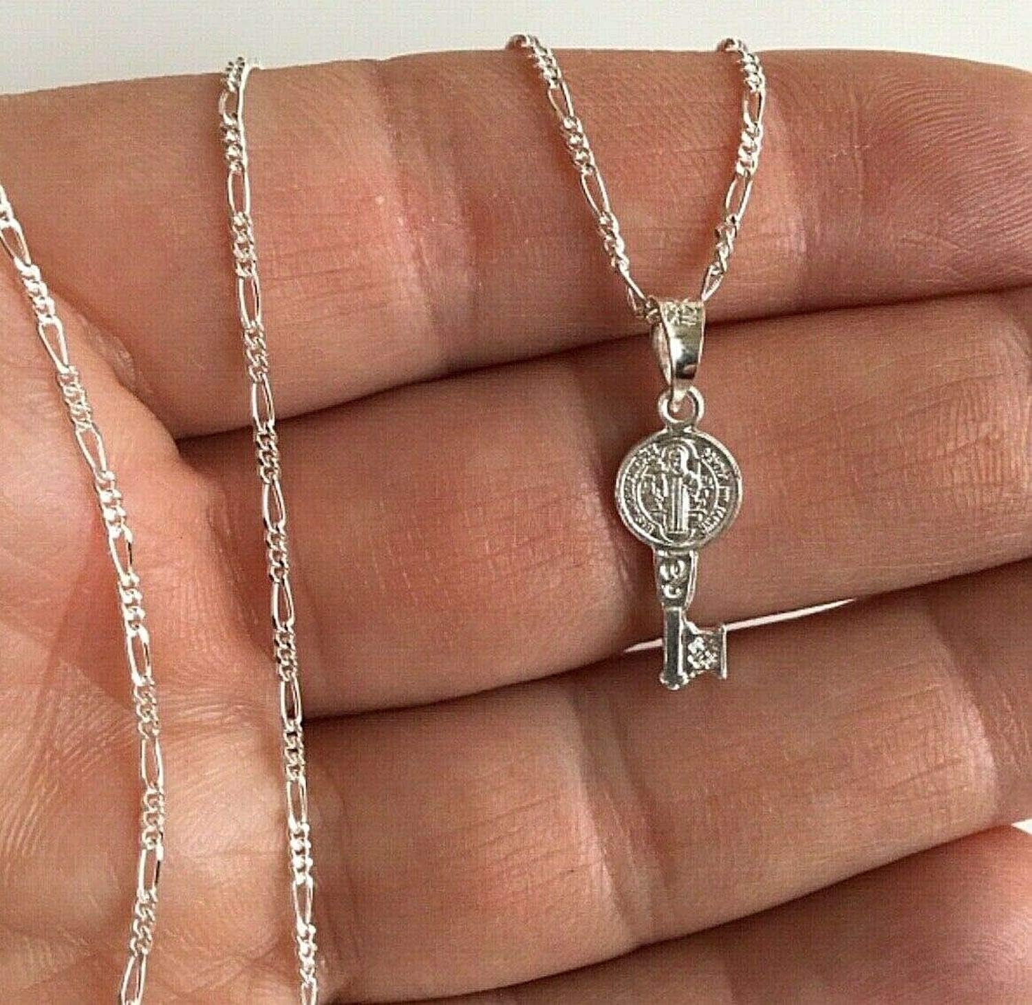 LUXURYGOLD888 925 Sterling Silver Saint Benedict Key Necklace 18" Long-22mm/Cadena De San Benito Llave 18" Largo
